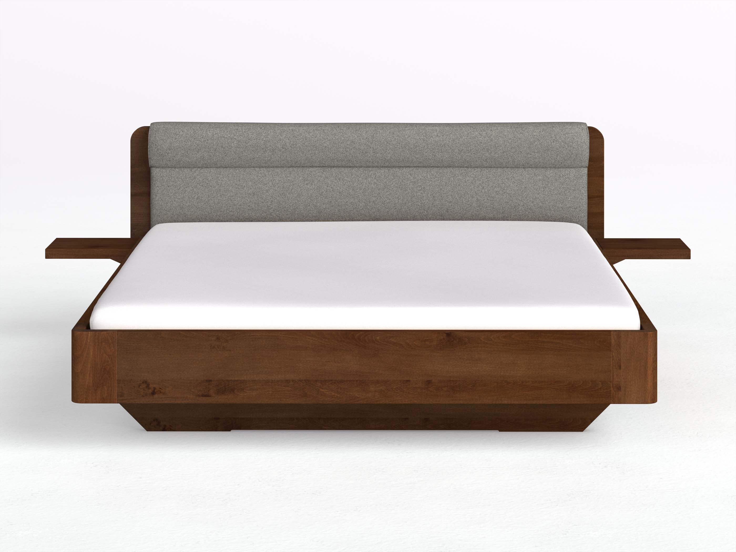 Buchenbett Dunkel „Clara“ in 180 x 200 cm mit 2 Ablagen und Stoffkopfteil - Stoff: Schafschurwolle „Fischgrät“ in der Farbe Grauer Mohn