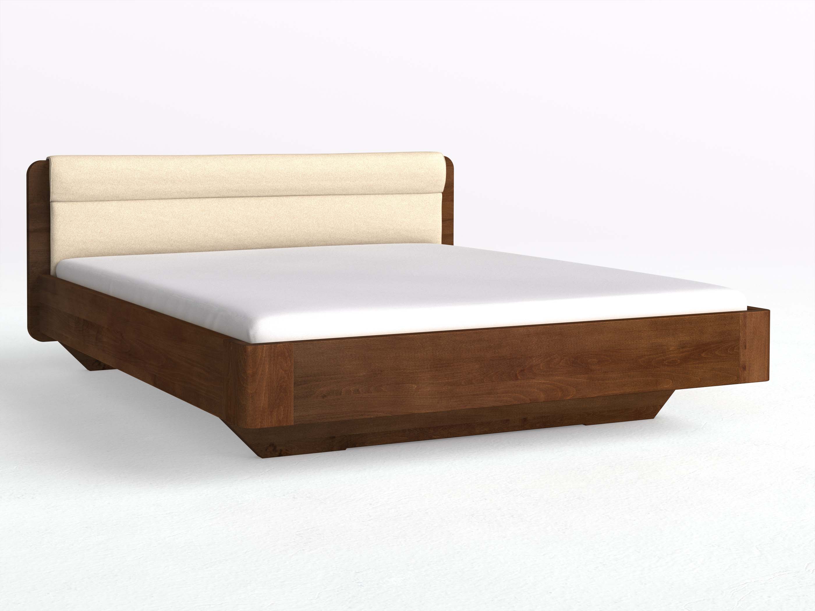 Buchenbett Dunkel „Clara“ in 180 x 200 cm mit Stoffkopfteil - Stoff: Schafschurwolle „Fischgrät“ in der Farbe Holunderblüte