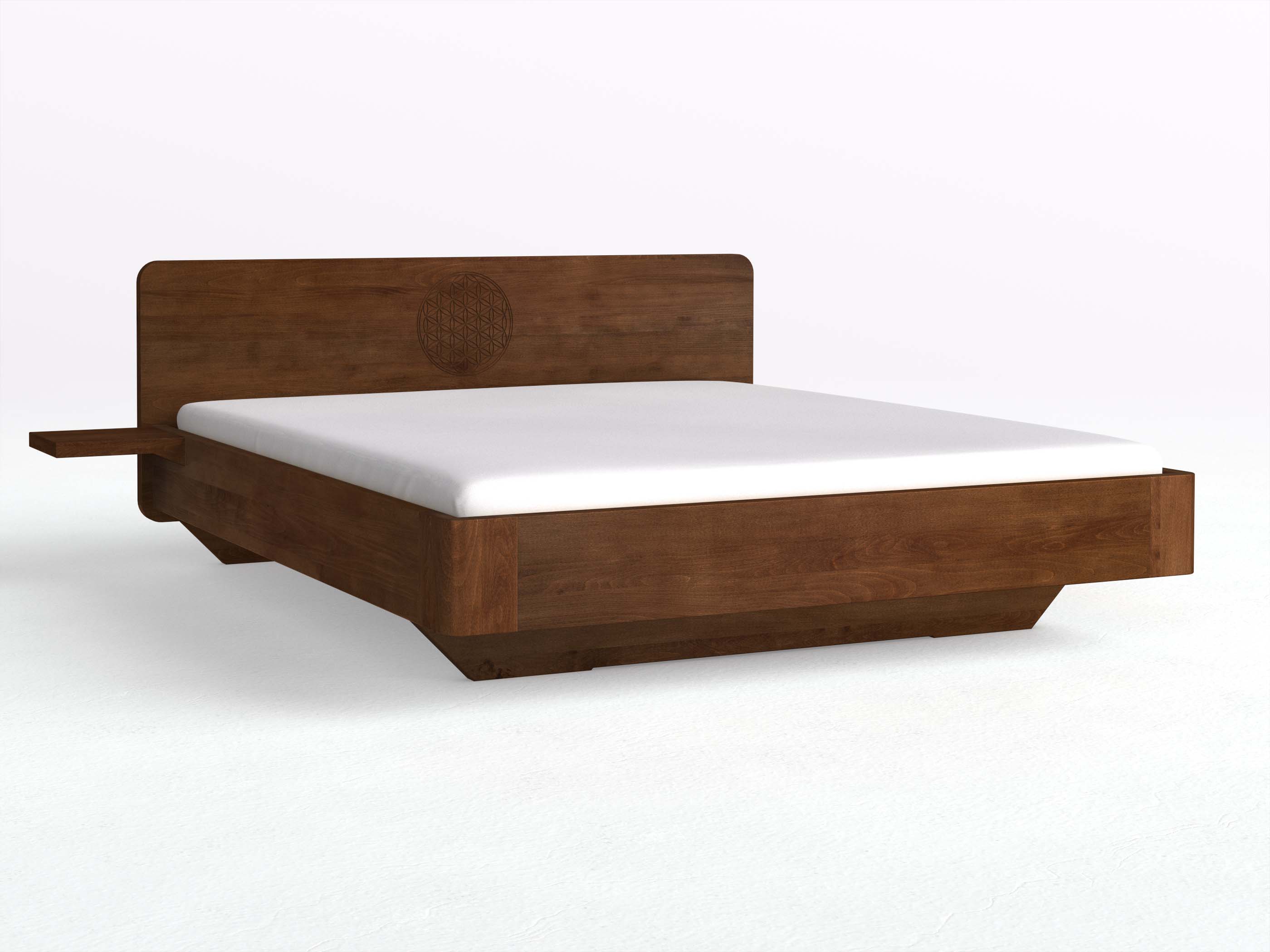 Buchenbett Dunkel „Clara“ mit 2 Ablagen und der Gravur „Blume des Lebens“
