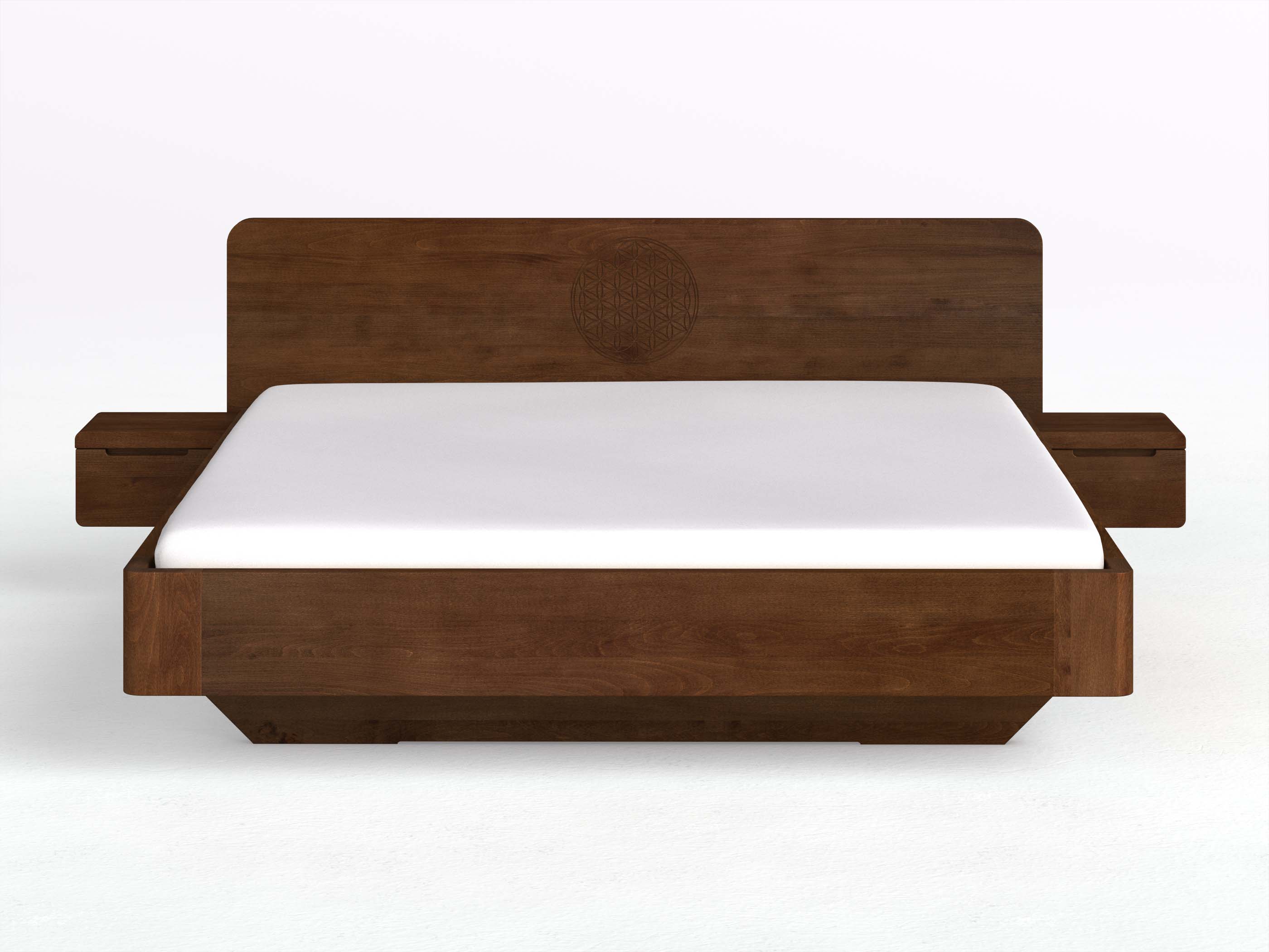 Buchenbett Dunkel „Clara“ mit 2 Nachttischen Griff: Griffleiste B und der Gravur „Blume des Lebens“