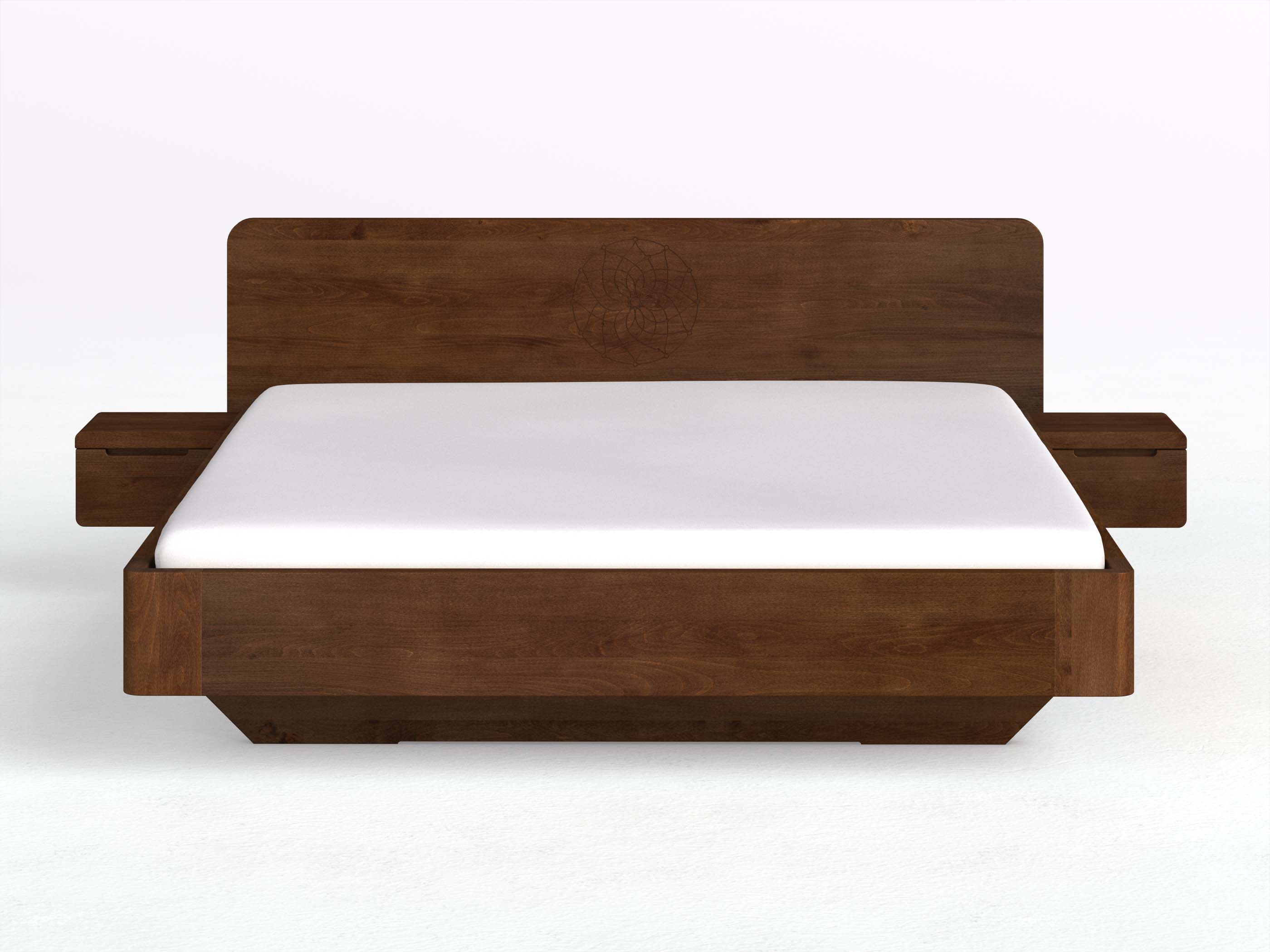 Buchenbett Dunkel „Clara“ mit 2 Nachttischen Griff: Griffleiste B und der Gravur „Traumfänger“