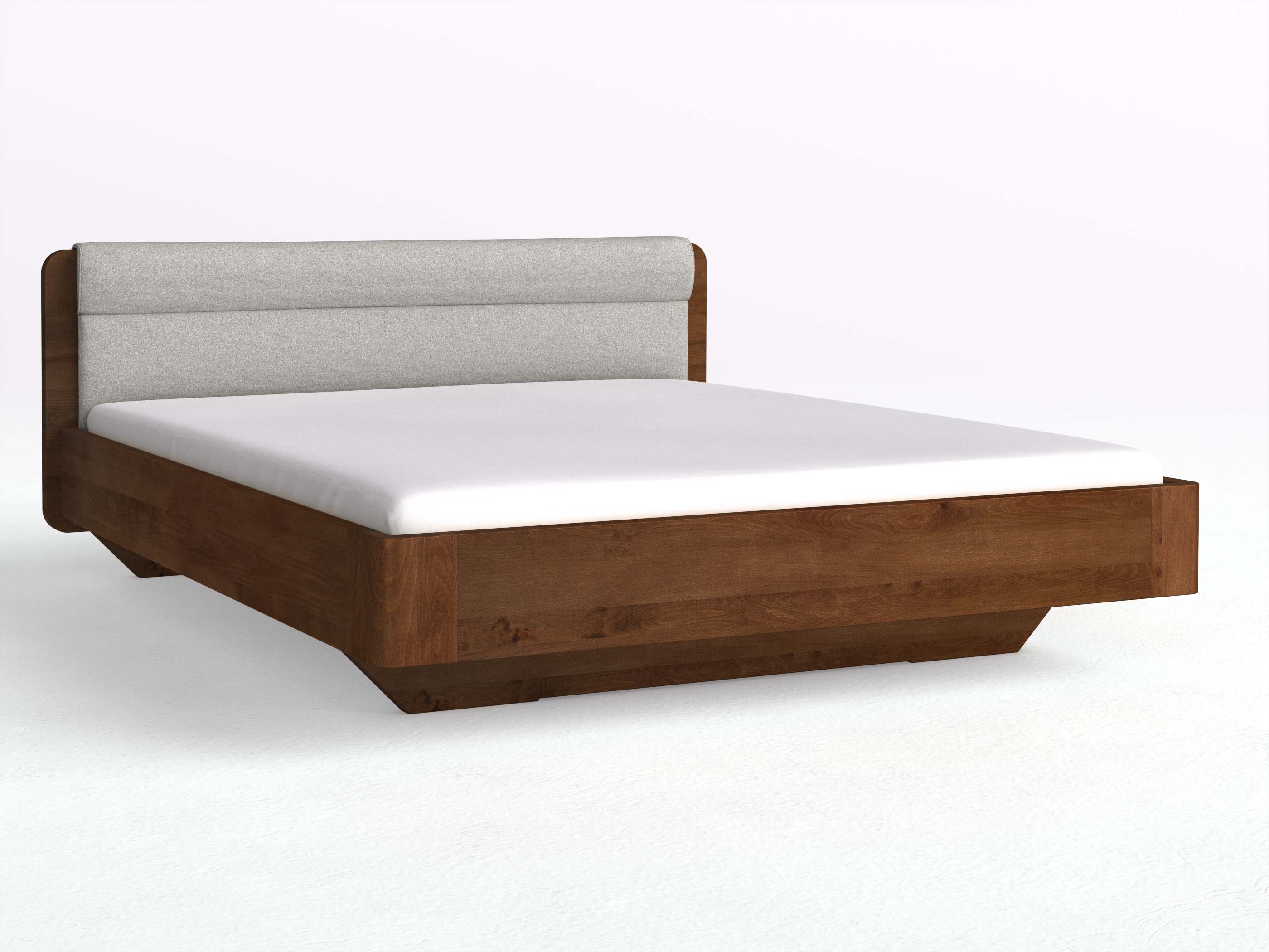 Buchenbett Dunkel „Clara“ in 180 x 200 cm mit Stoffkopfteil - Stoff: Schafschurwolle „Loden“ in der Farbe Nebelgrau