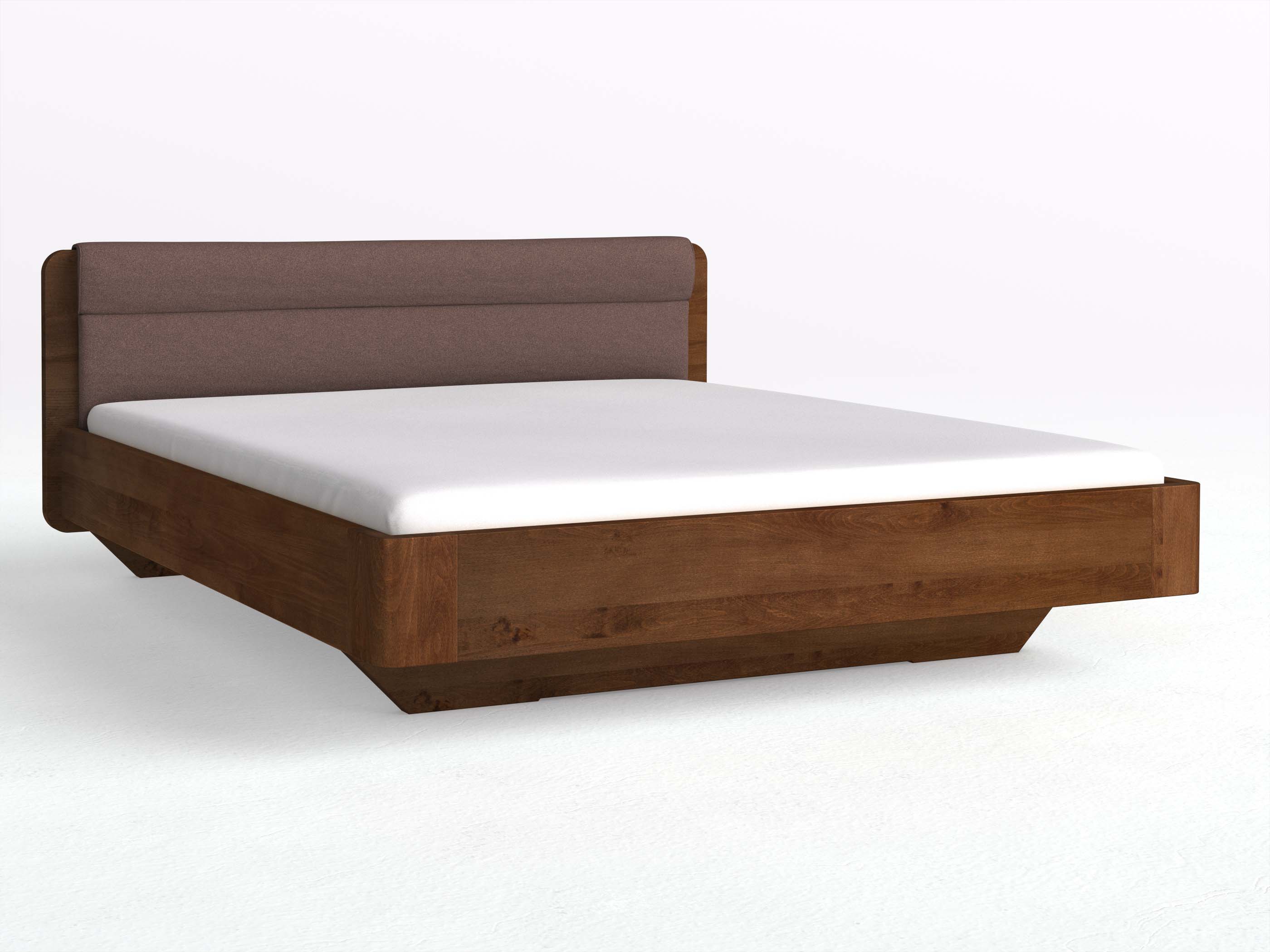 Buchenbett Dunkel „Clara“ in 180 x 200 cm mit Stoffkopfteil - Stoff: Schafschurwolle „Loden“ in der Farbe Abenddämmerung