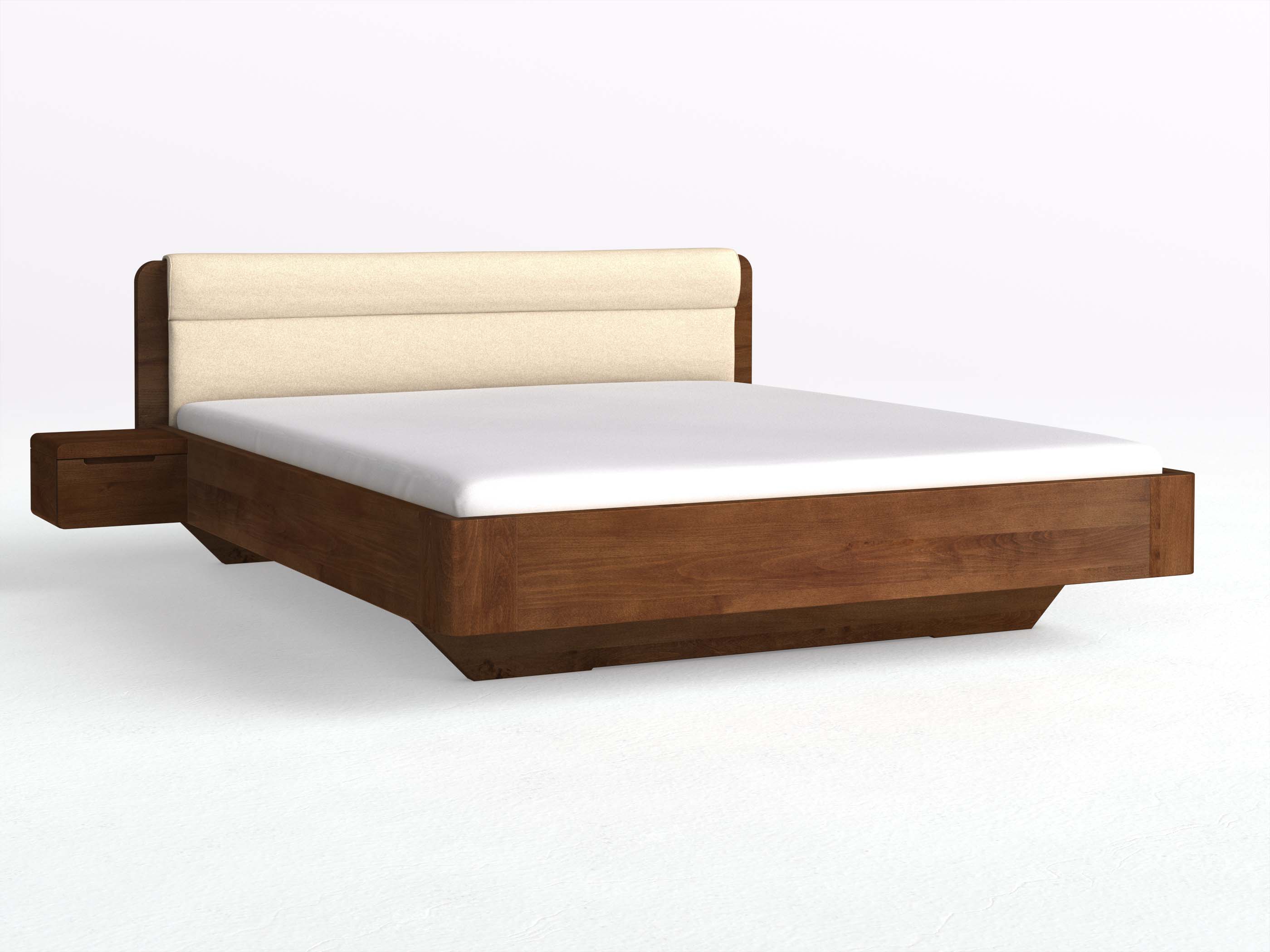 Buchenbett Dunkel „Clara“ in 180 x 200 cm mit 2 Nachttischen - Griff: Griffleiste B und Stoffkopfteil - Stoff: Schafschurwolle „Fischgrät“ in der Farbe Holunderblüte