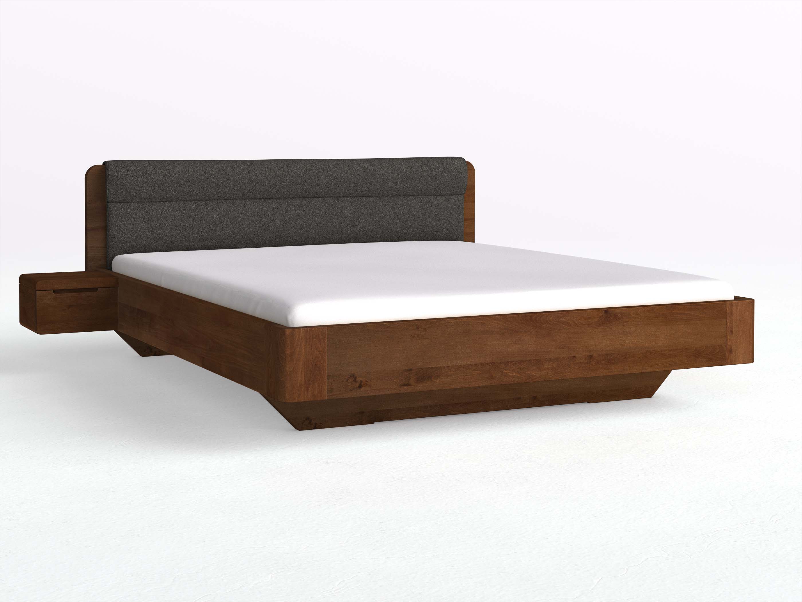 Buchenbett Dunkel „Clara“ in 180 x 200 cm mit 2 Nachttischen - Griff: Griffleiste B und Stoffkopfteil - Stoff: Schafschurwolle „Loden“ in der Farbe Anthrazit