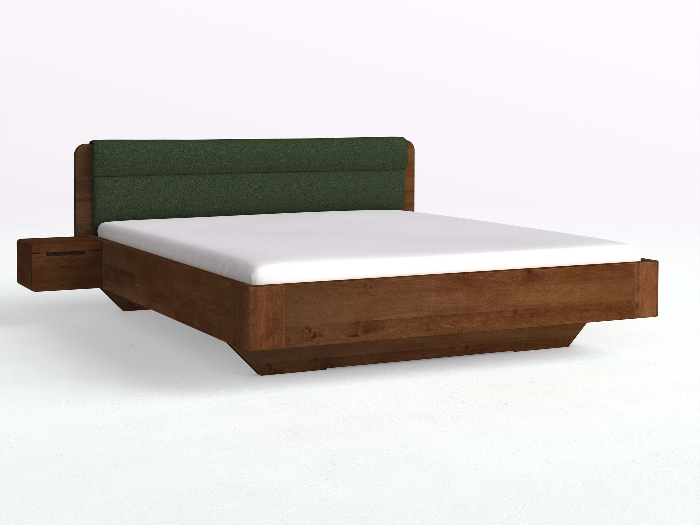 Buchenbett Dunkel „Clara“ in 180 x 200 cm mit 2 Nachttischen - Griff: Griffleiste B und Stoffkopfteil - Stoff: Schafschurwolle „Loden“ in der Farbe Tannenwald