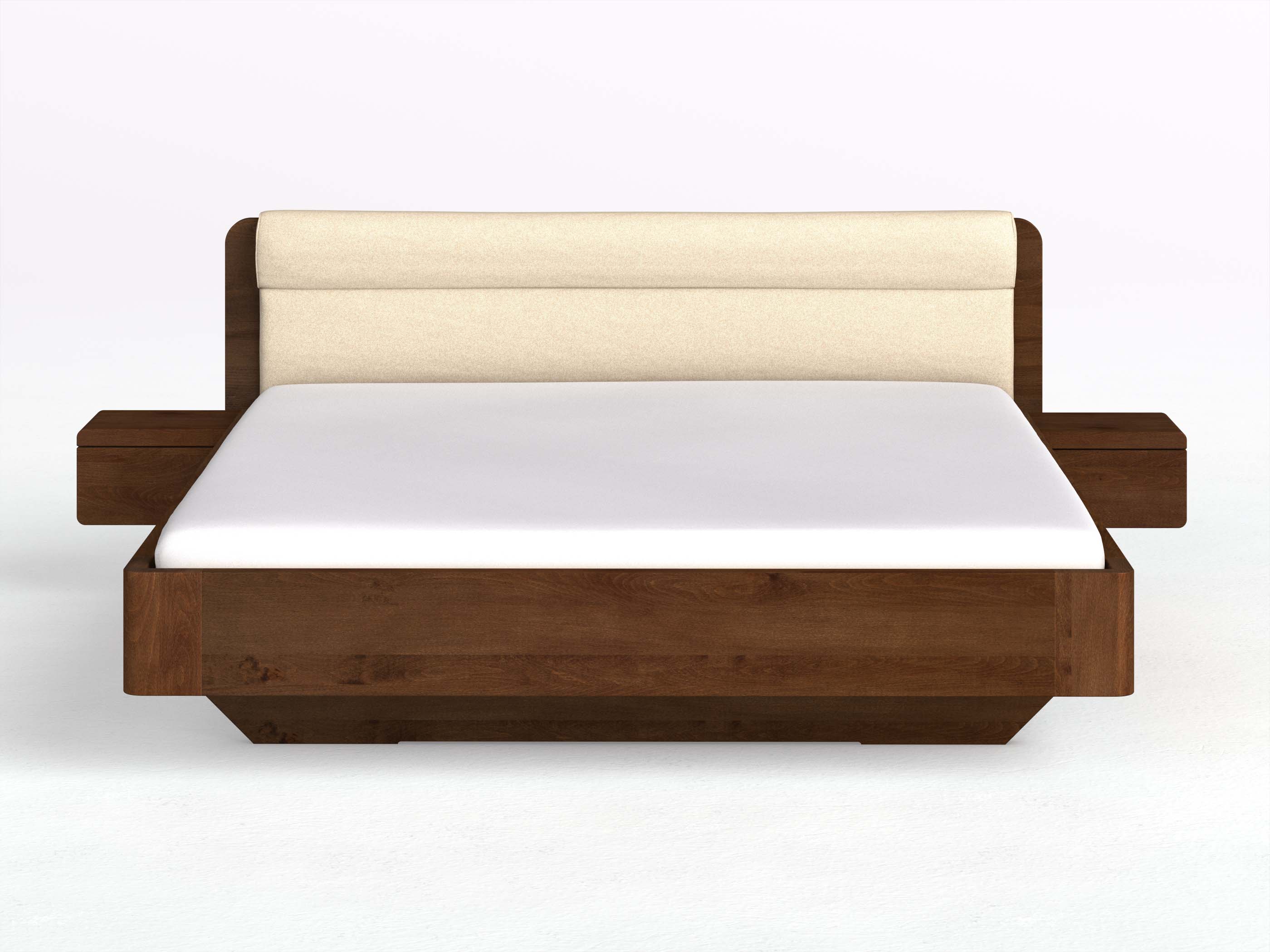 Buchenbett Dunkel „Clara“ in 180 x 200 cm mit 2 Nachttischen - Griff: Grifflos und Stoffkopfteil - Stoff: Schafschurwolle „Fischgrät“ in der Farbe Holunderblüte