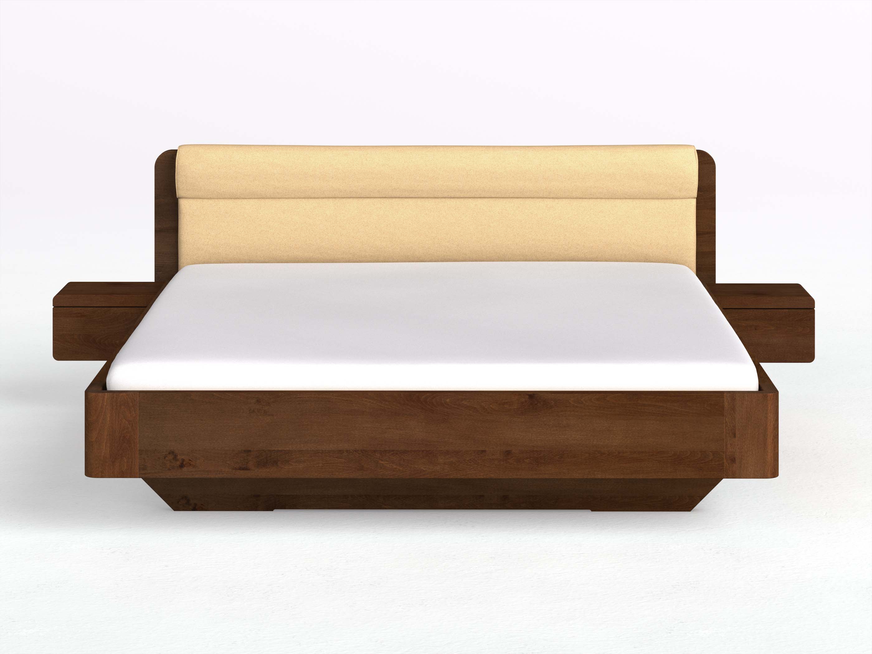 Buchenbett Dunkel „Clara“ in 180 x 200 cm mit 2 Nachttischen - Griff: Grifflos und Stoffkopfteil - Stoff: Schafschurwolle „Fischgrät“ in der Farbe Goldhirse