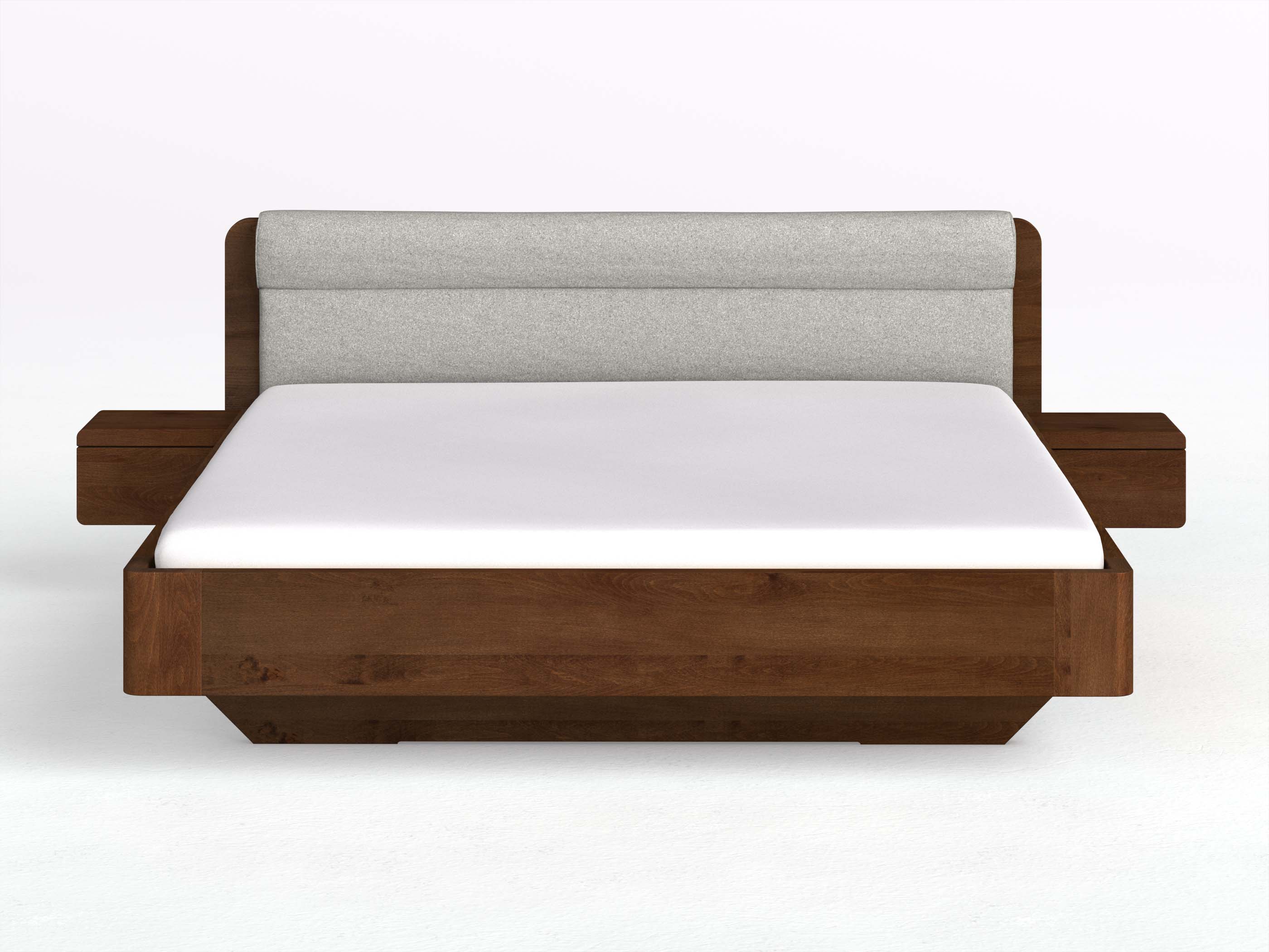 Buchenbett Dunkel „Clara“ in 180 x 200 cm mit 2 Nachttischen - Griff: Grifflos und Stoffkopfteil - Stoff: Schafschurwolle „Loden“ in der Farbe Nebelgrau