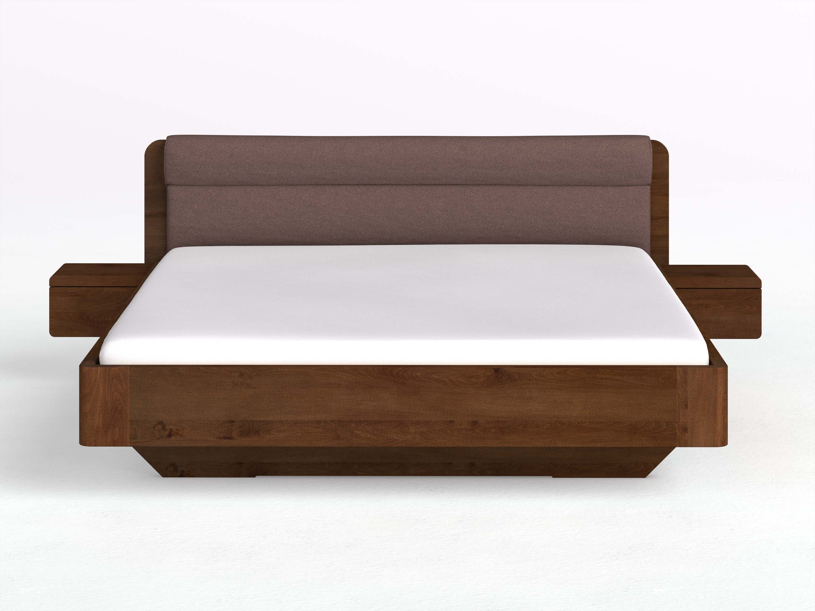 Buchenbett Dunkel „Clara“ in 180 x 200 cm mit 2 Nachttischen - Griff: Grifflos und Stoffkopfteil - Stoff: Schafschurwolle „Loden“ in der Farbe Abenddämmerung