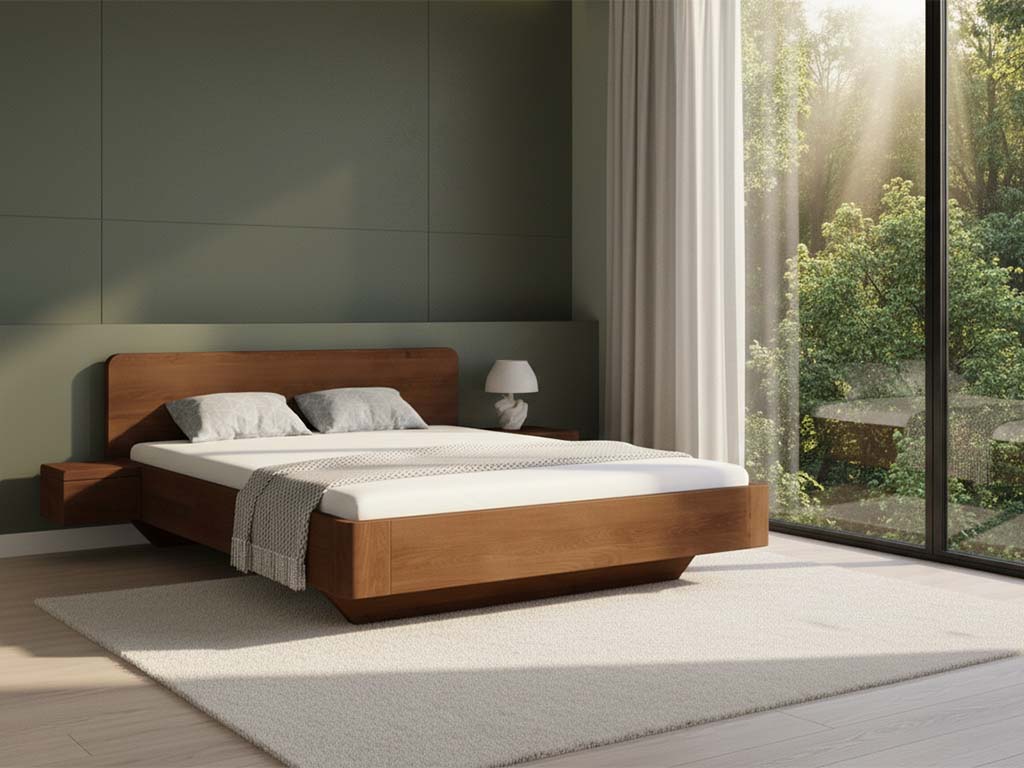 Buchenbett Dunkel „Clara“ mit 2 Nachttischen Griff: Grifflos