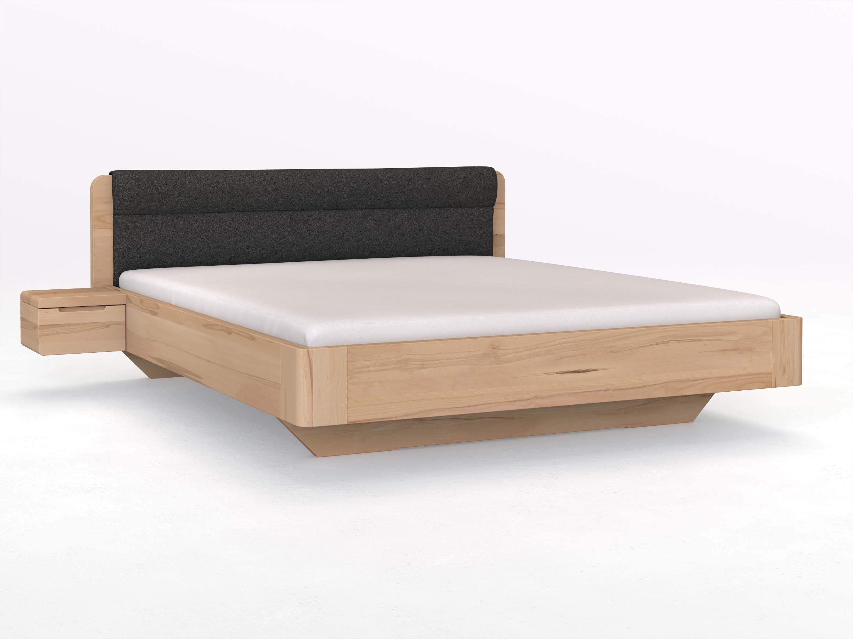 Buchenbett „Clara“ in 180 x 200 cm mit 2 Nachttischen - Griff: Griffleiste B und Stoffkopfteil - Stoff: Schafschurwolle „Loden“ in der Farbe Anthrazit