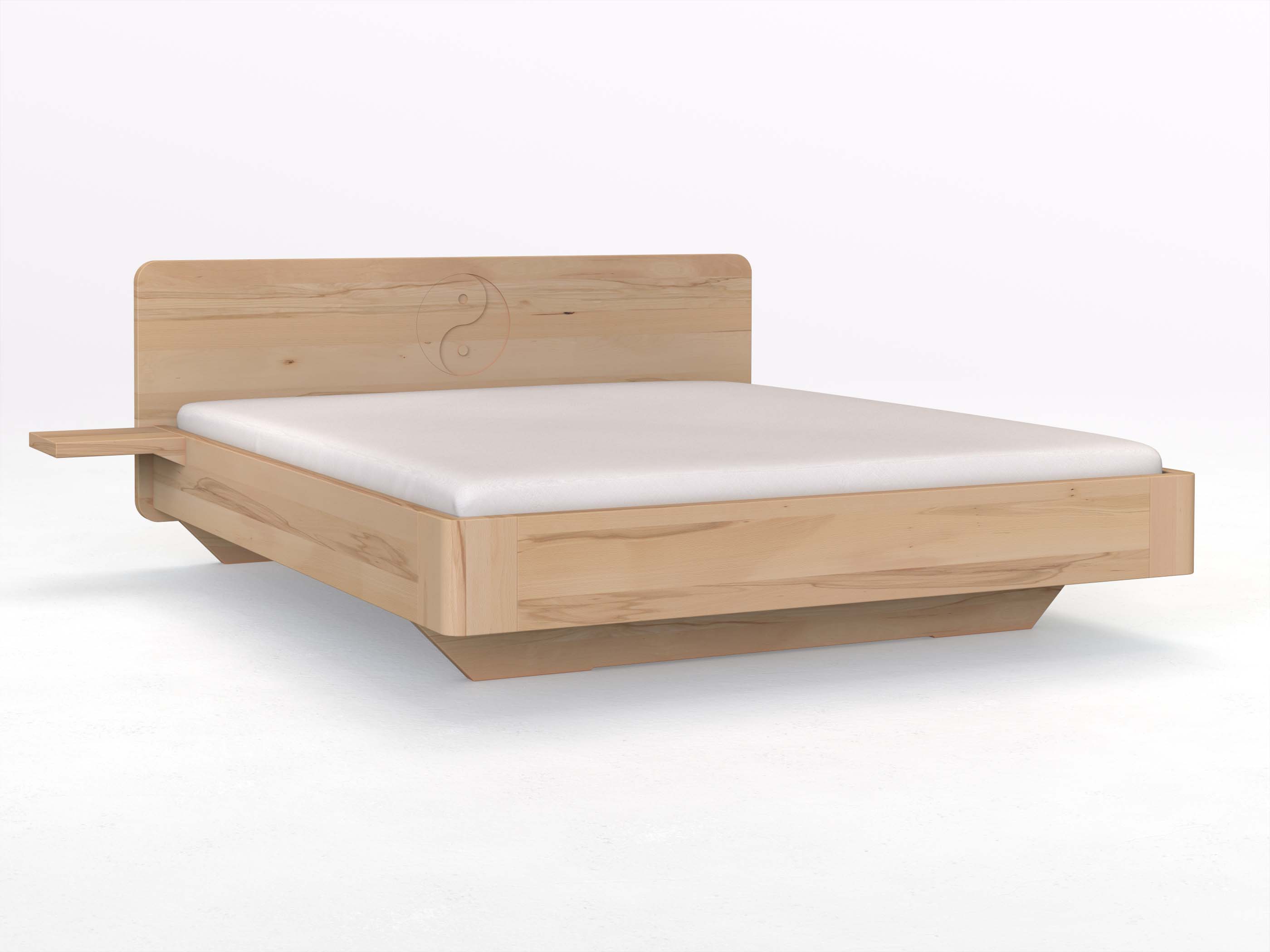 Buchenbett „Clara“ mit 2 Ablagen und der Gravur „Yin + Yang“