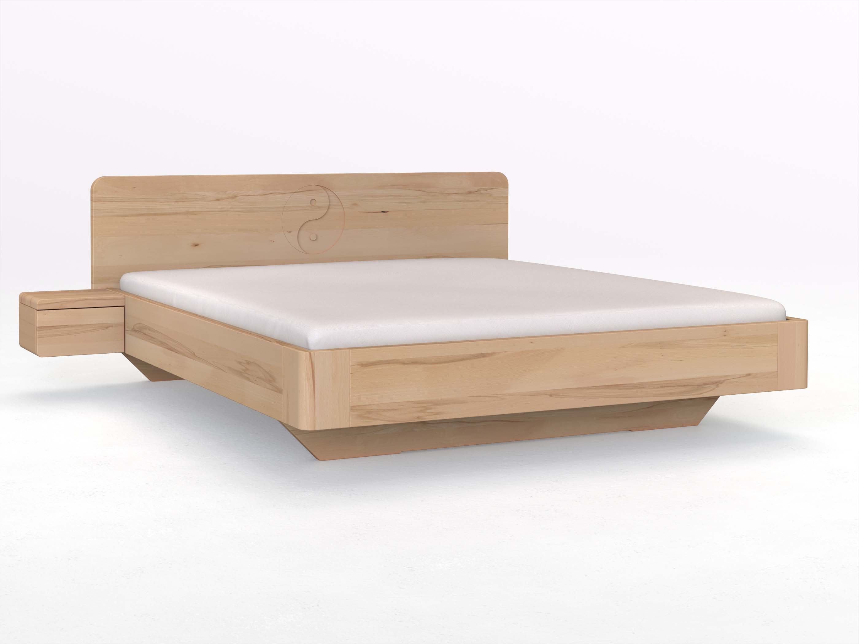 Buchenbett „Clara“ mit 2 Nachttischen Griff: Grifflos und der Gravur „Yin + Yang“