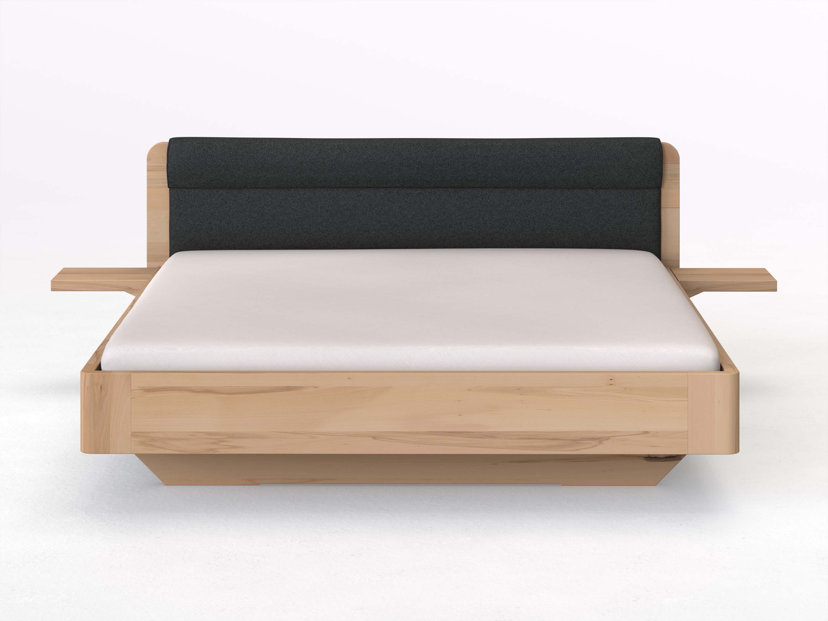 Buchenbett „Clara“ in 180 x 200 cm mit 2 Ablagen und Stoffkopfteil - Stoff: Schafschurwolle „Fischgrät“ in der Farbe Wacholderbeere