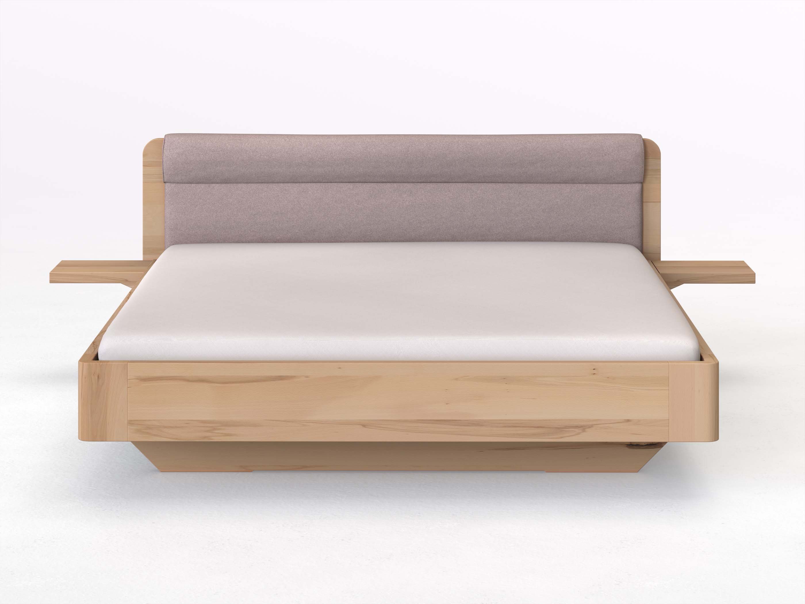 Buchenbett „Clara“ in 180 x 200 cm mit 2 Ablagen und Stoffkopfteil - Stoff: Schafschurwolle „Fischgrät“ in der Farbe Zartflieder