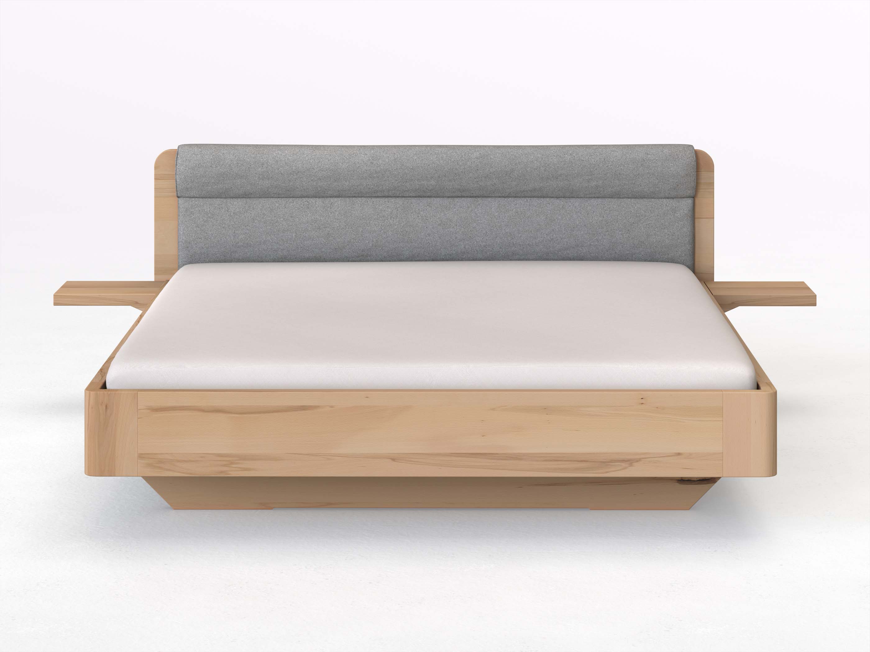 Buchenbett „Clara“ in 180 x 200 cm mit 2 Ablagen und Stoffkopfteil - Stoff: Schafschurwolle „Loden“ in der Farbe Nebelgrau