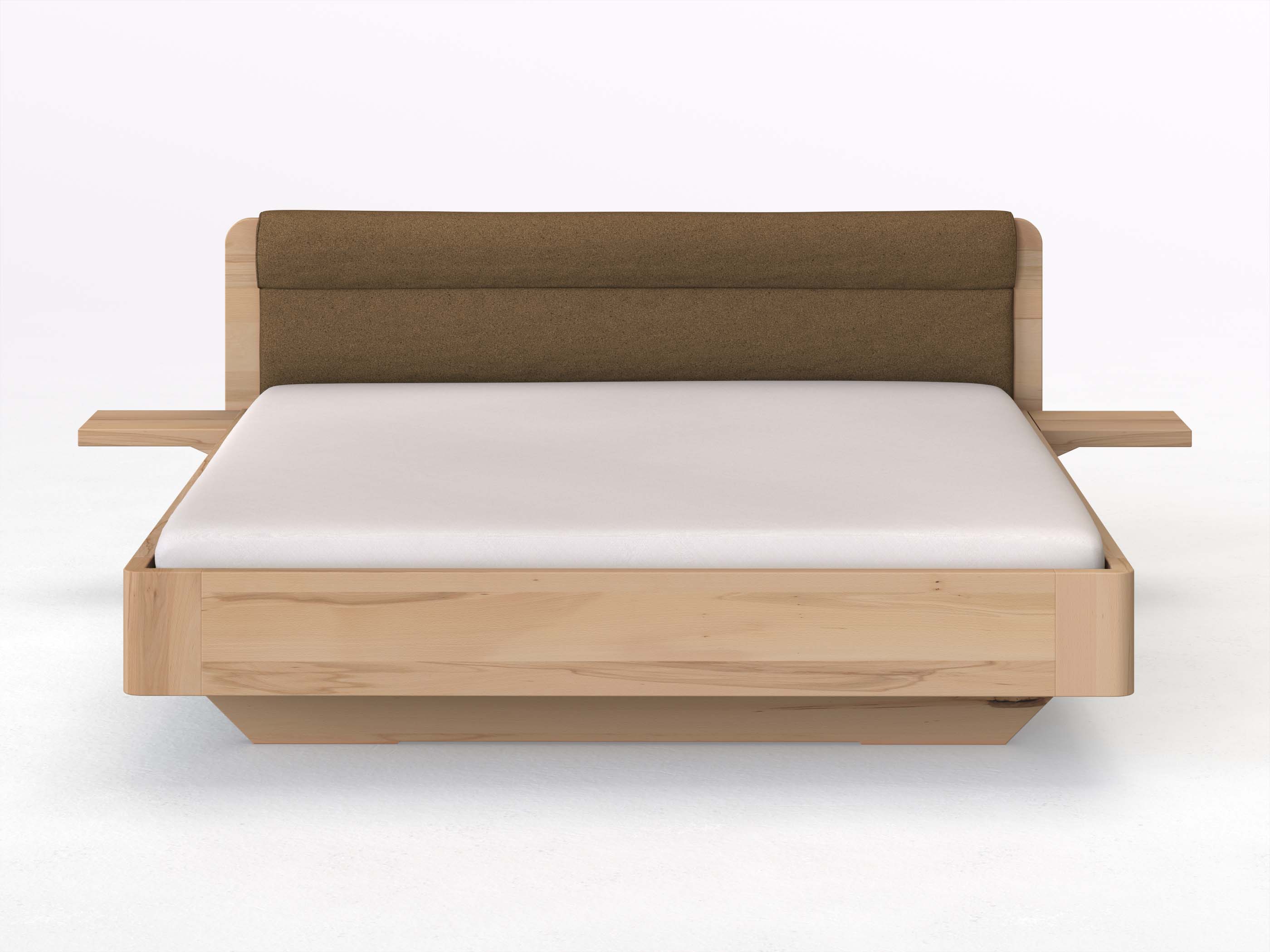 Buchenbett „Clara“ in 180 x 200 cm mit 2 Ablagen und Stoffkopfteil - Stoff: Schafschurwolle „Loden“ in der Farbe Zimtrinde