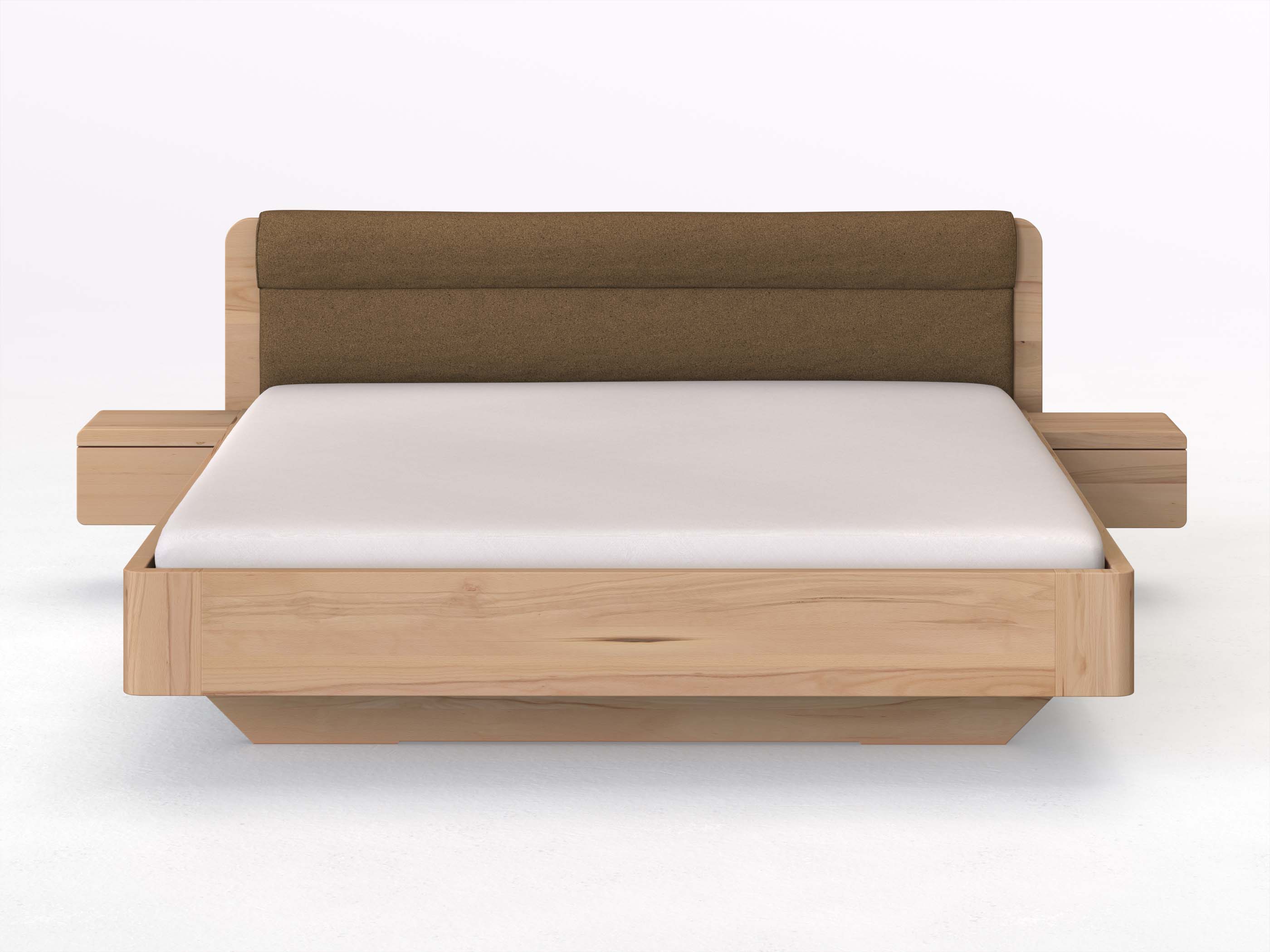 Buchenbett „Clara“ in 180 x 200 cm mit 2 Nachttischen - Griff: Grifflos und Stoffkopfteil - Stoff: Schafschurwolle „Loden“ in der Farbe Zimtrinde