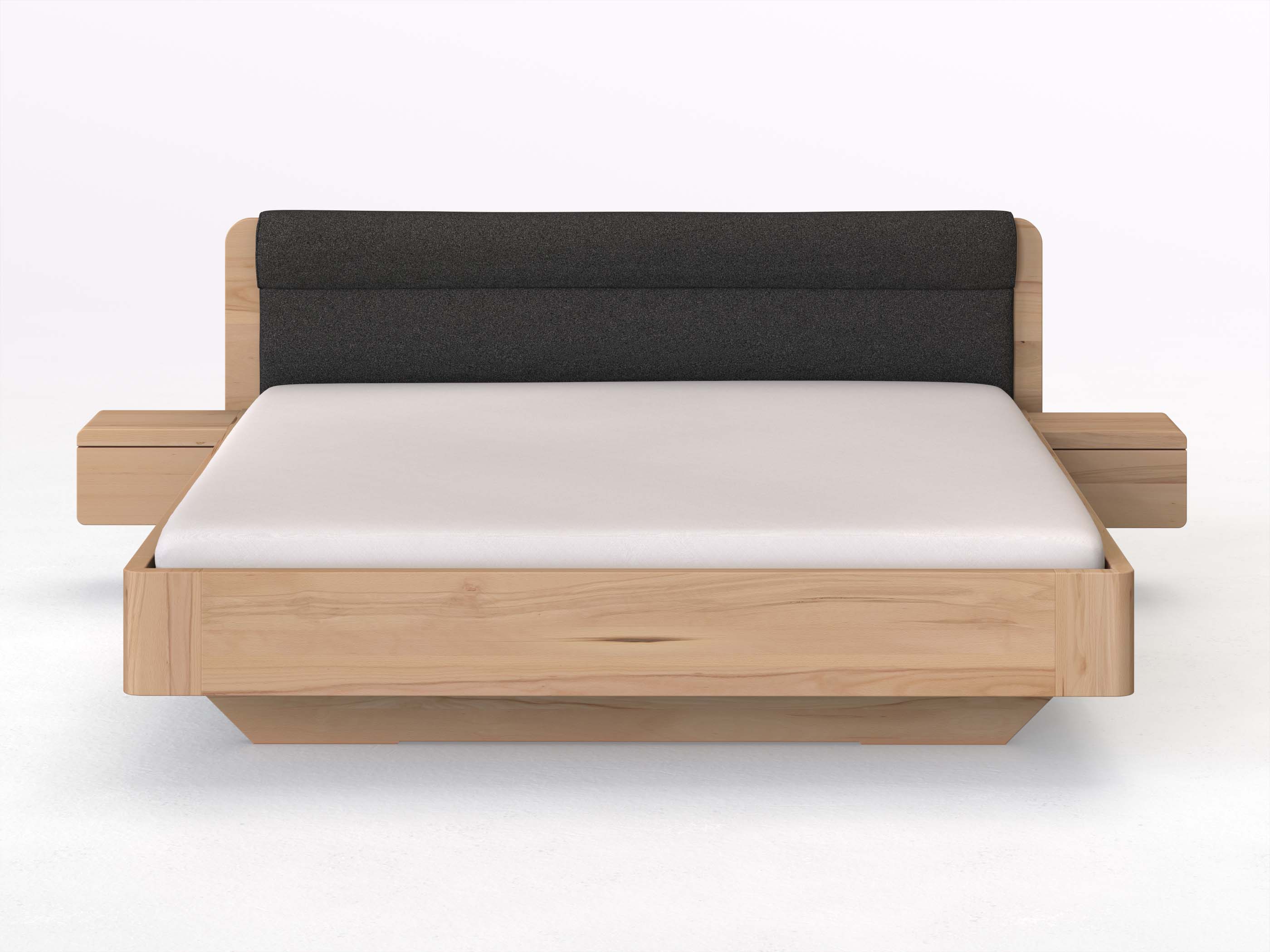 Buchenbett „Clara“ in 180 x 200 cm mit 2 Nachttischen - Griff: Grifflos und Stoffkopfteil - Stoff: Schafschurwolle „Loden“ in der Farbe Anthrazit