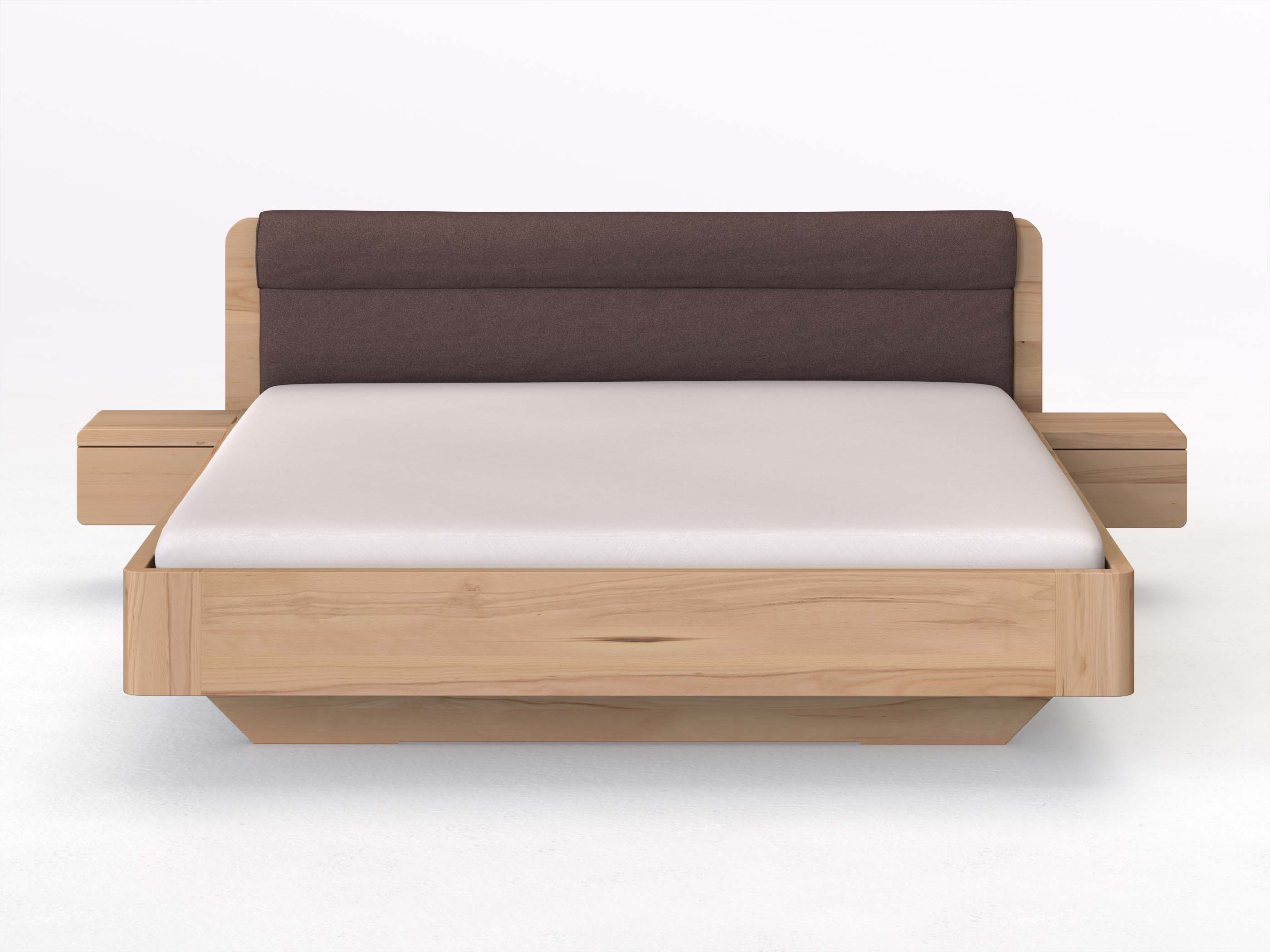 Buchenbett „Clara“ in 180 x 200 cm mit 2 Nachttischen - Griff: Grifflos und Stoffkopfteil - Stoff: Schafschurwolle „Loden“ in der Farbe Abenddämmerung