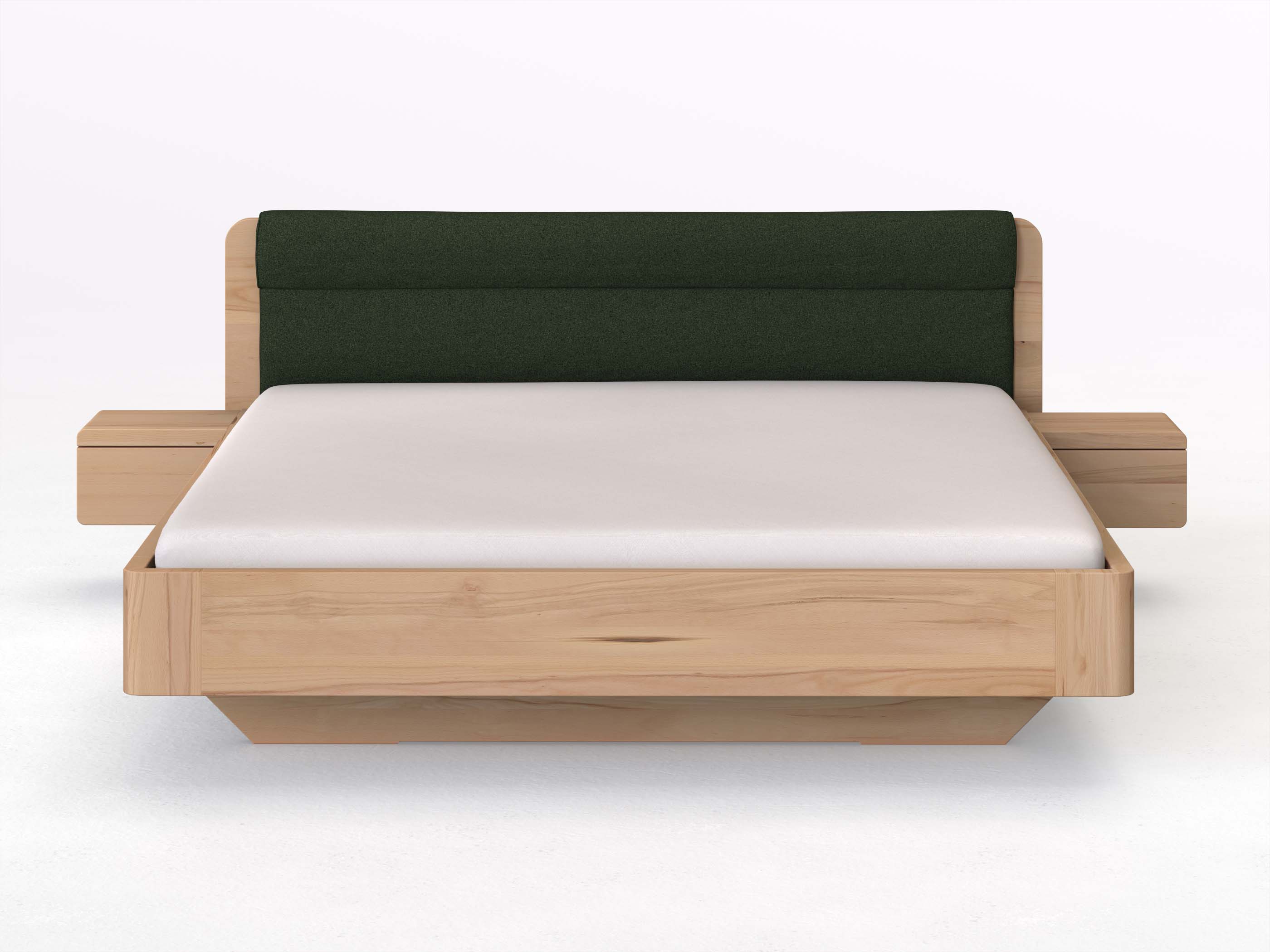Buchenbett „Clara“ in 180 x 200 cm mit 2 Nachttischen - Griff: Grifflos und Stoffkopfteil - Stoff: Schafschurwolle „Loden“ in der Farbe Tannenwald