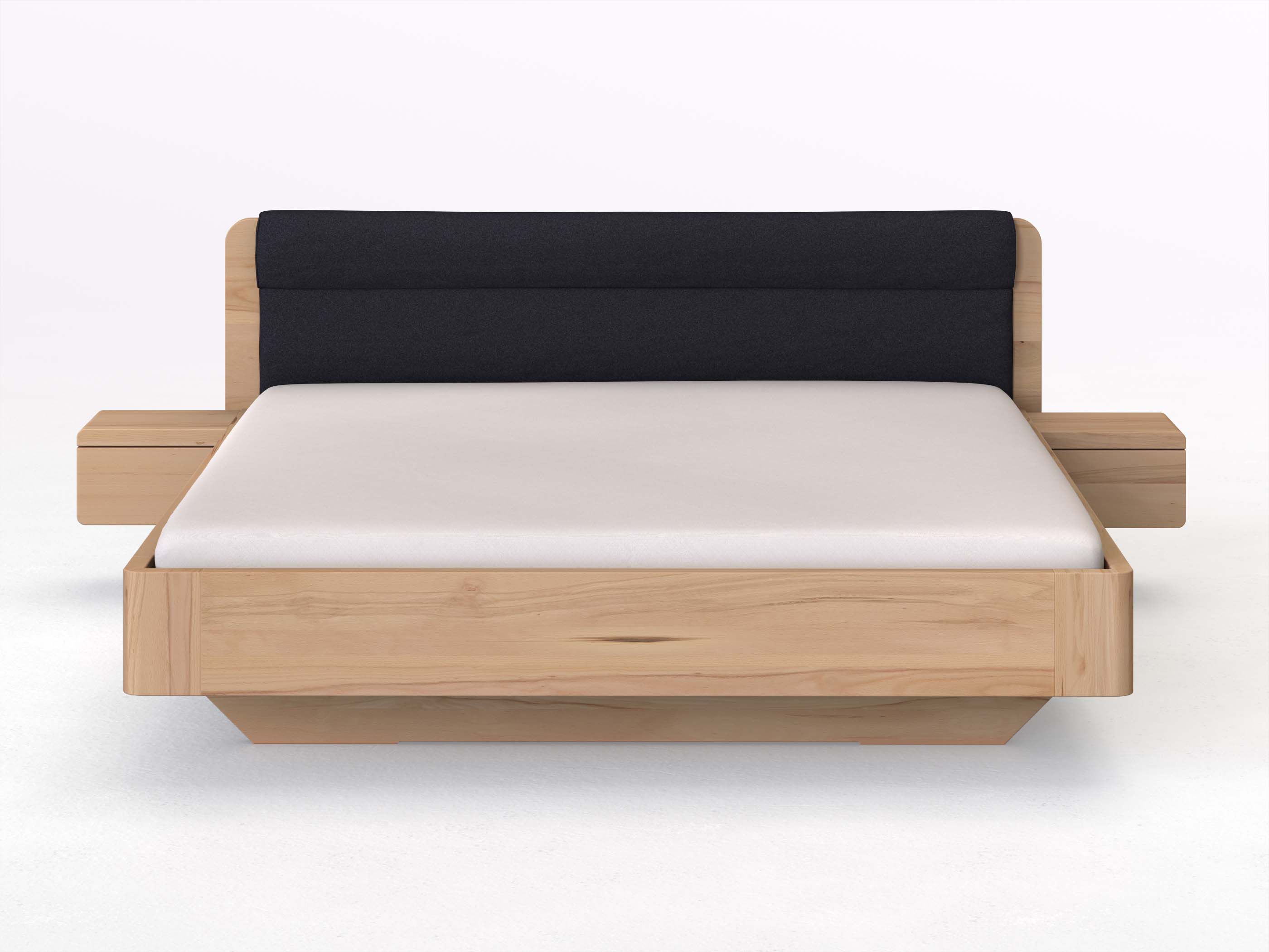 Buchenbett „Clara“ in 180 x 200 cm mit 2 Nachttischen - Griff: Grifflos und Stoffkopfteil - Stoff: Schafschurwolle „Loden“ in der Farbe Nachtblau