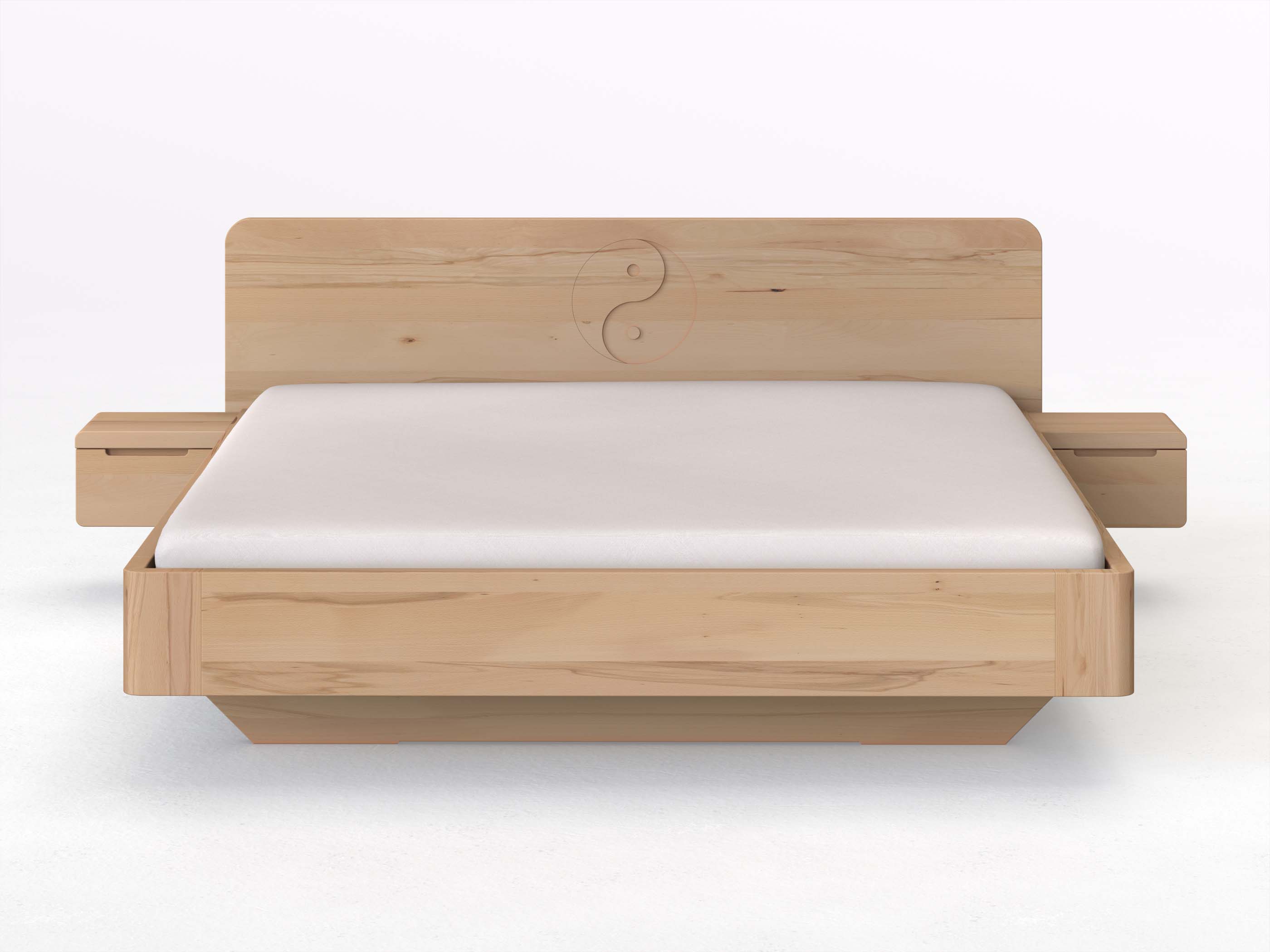 Buchenbett „Clara“ mit 2 Nachttischen Griff: Griffleiste B und der Gravur „Yin + Yang“