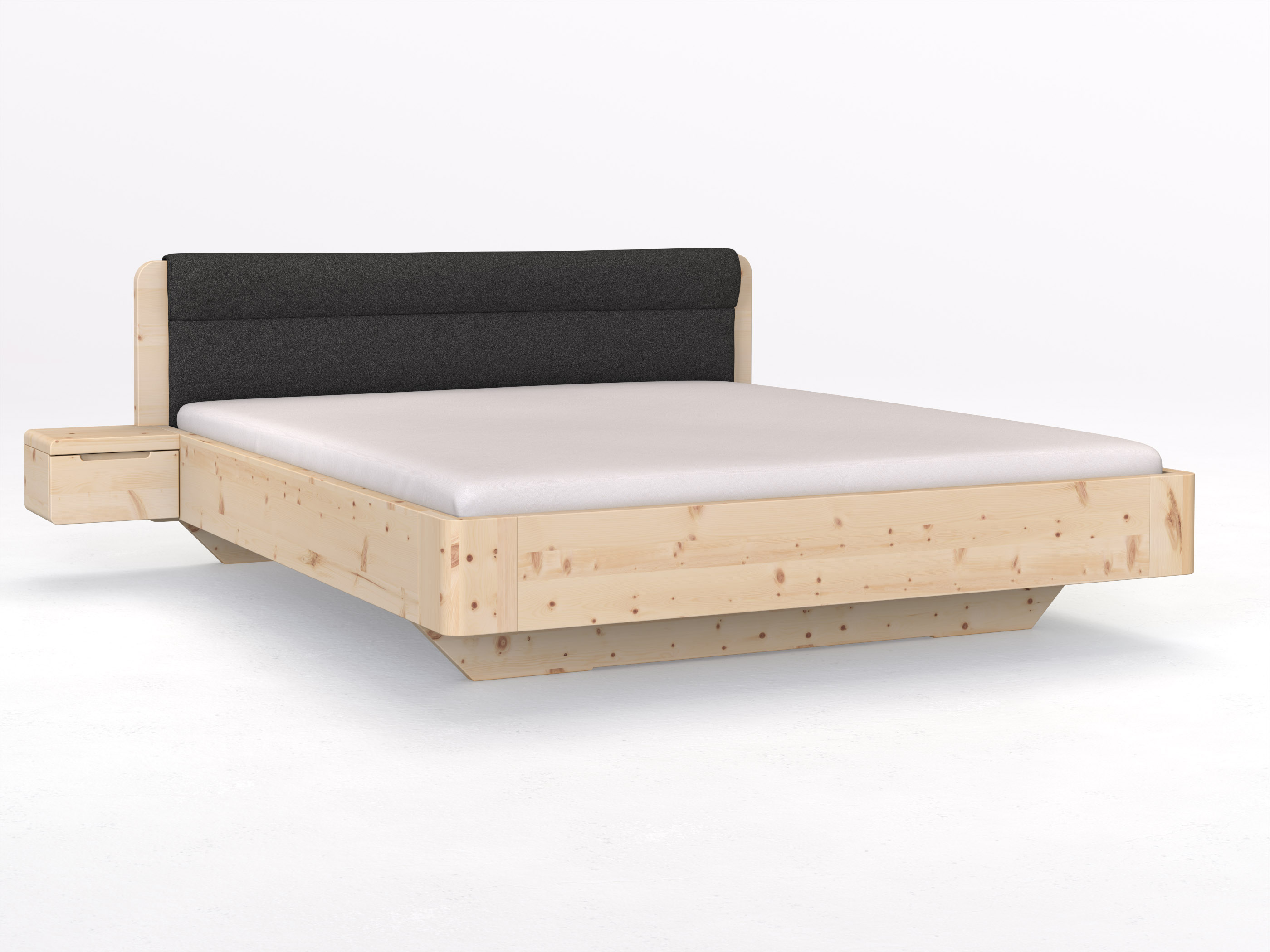 Zirbenbett „Clara“ in 180 x 200 cm mit 2 Nachttischen - Griff: Griffleiste B und Stoffkopfteil - Stoff: Schafschurwolle „Loden“ in der Farbe Anthrazit