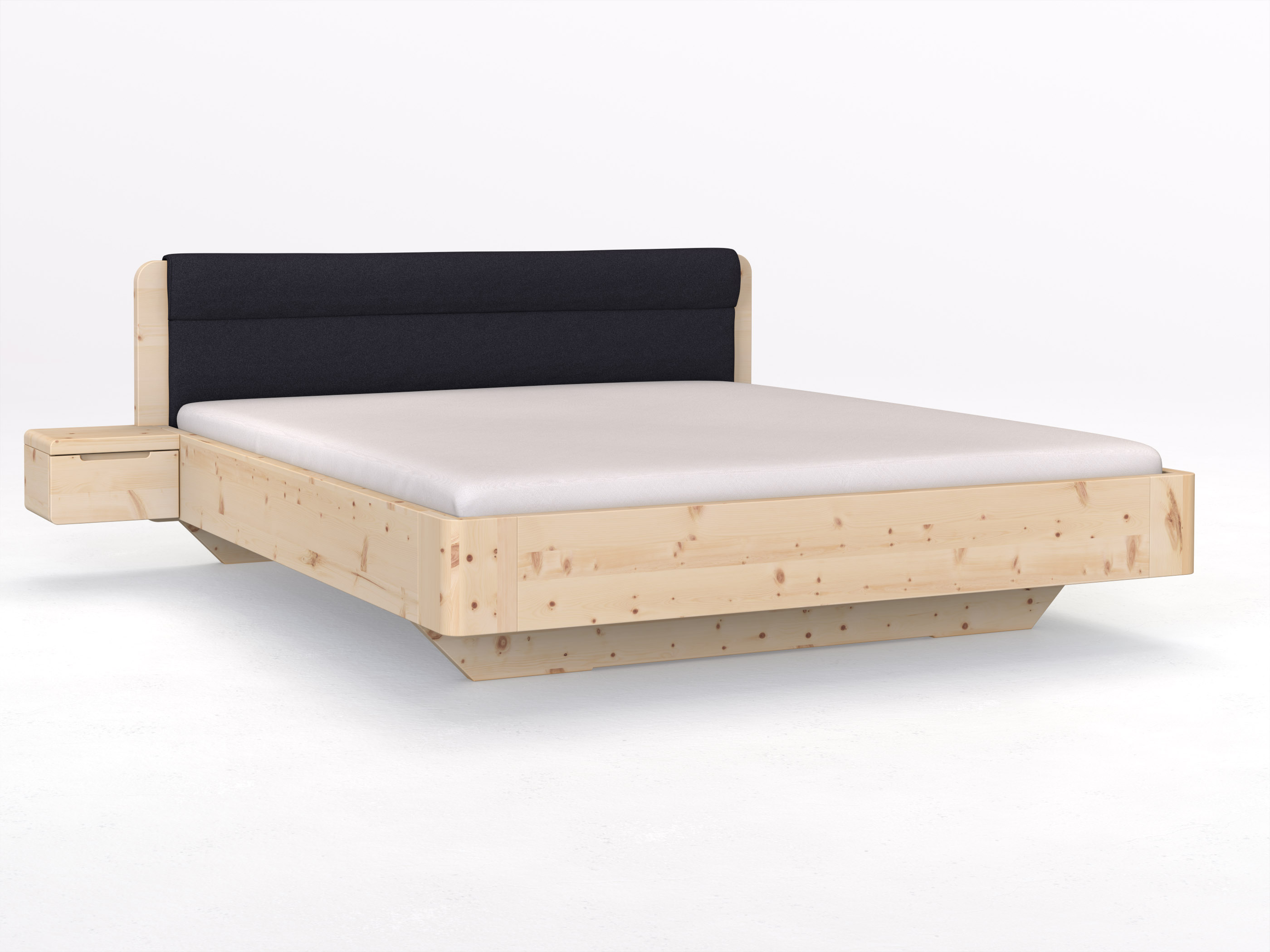 Zirbenbett „Clara“ in 180 x 200 cm mit 2 Nachttischen - Griff: Griffleiste B und Stoffkopfteil - Stoff: Schafschurwolle „Loden“ in der Farbe Nachtblau