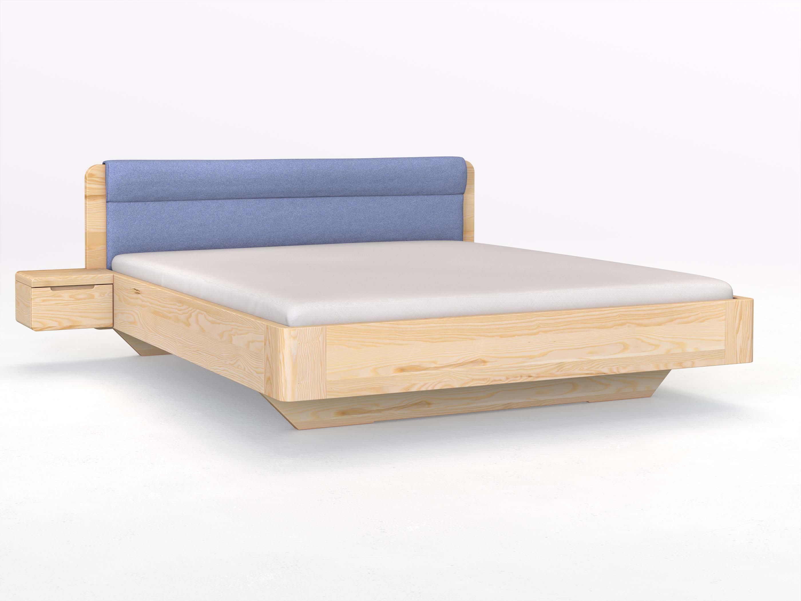 Eschenbett „Clara“ in 180 x 200 cm mit 2 Nachttischen - Griff: Griffleiste B und Stoffkopfteil - Stoff: Schafschurwolle „Fischgrät“ in der Farbe Kornblume