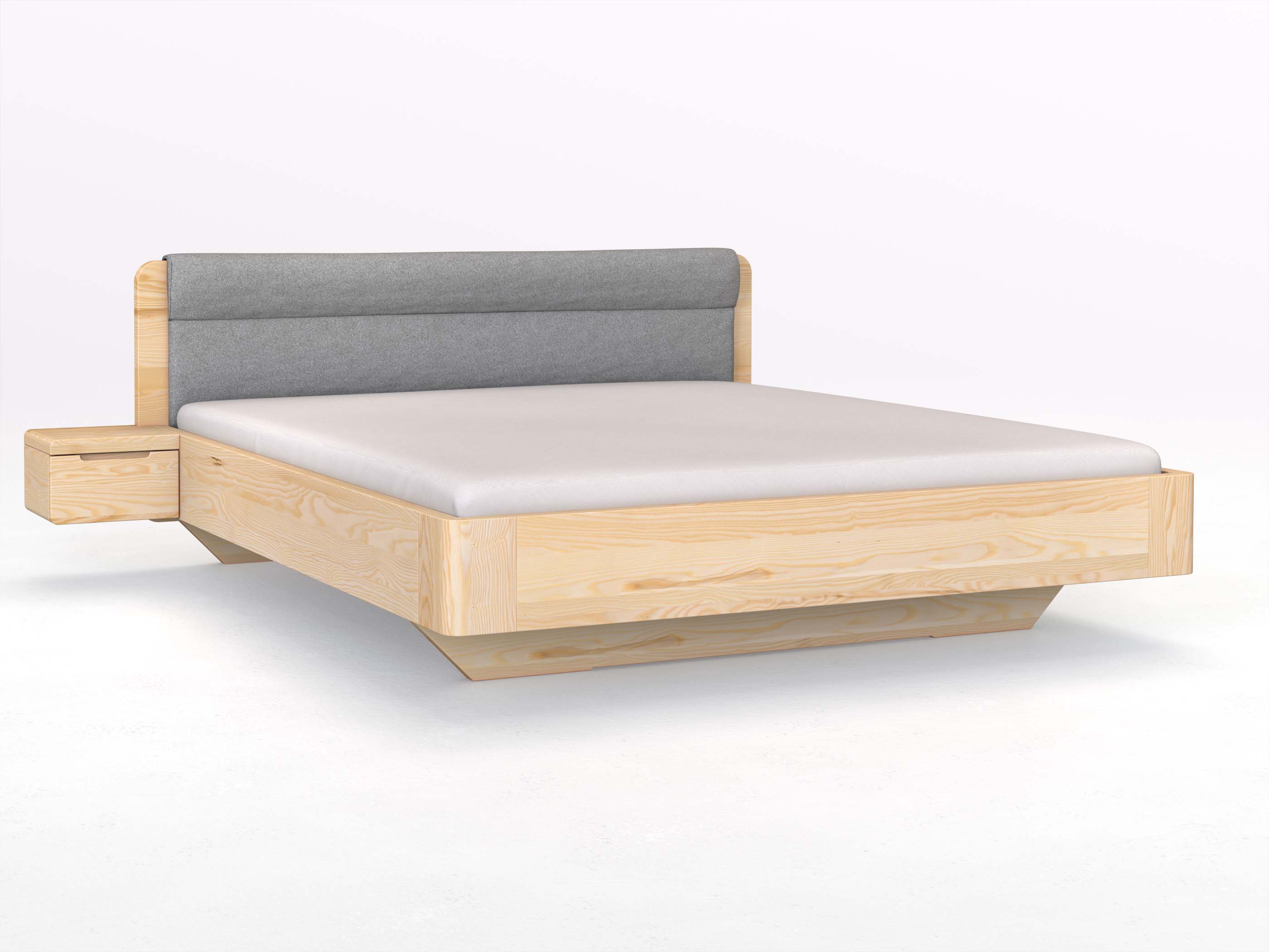 Eschenbett „Clara“ in 180 x 200 cm mit 2 Nachttischen - Griff: Griffleiste B und Stoffkopfteil - Stoff: Schafschurwolle „Loden“ in der Farbe Nebelgrau