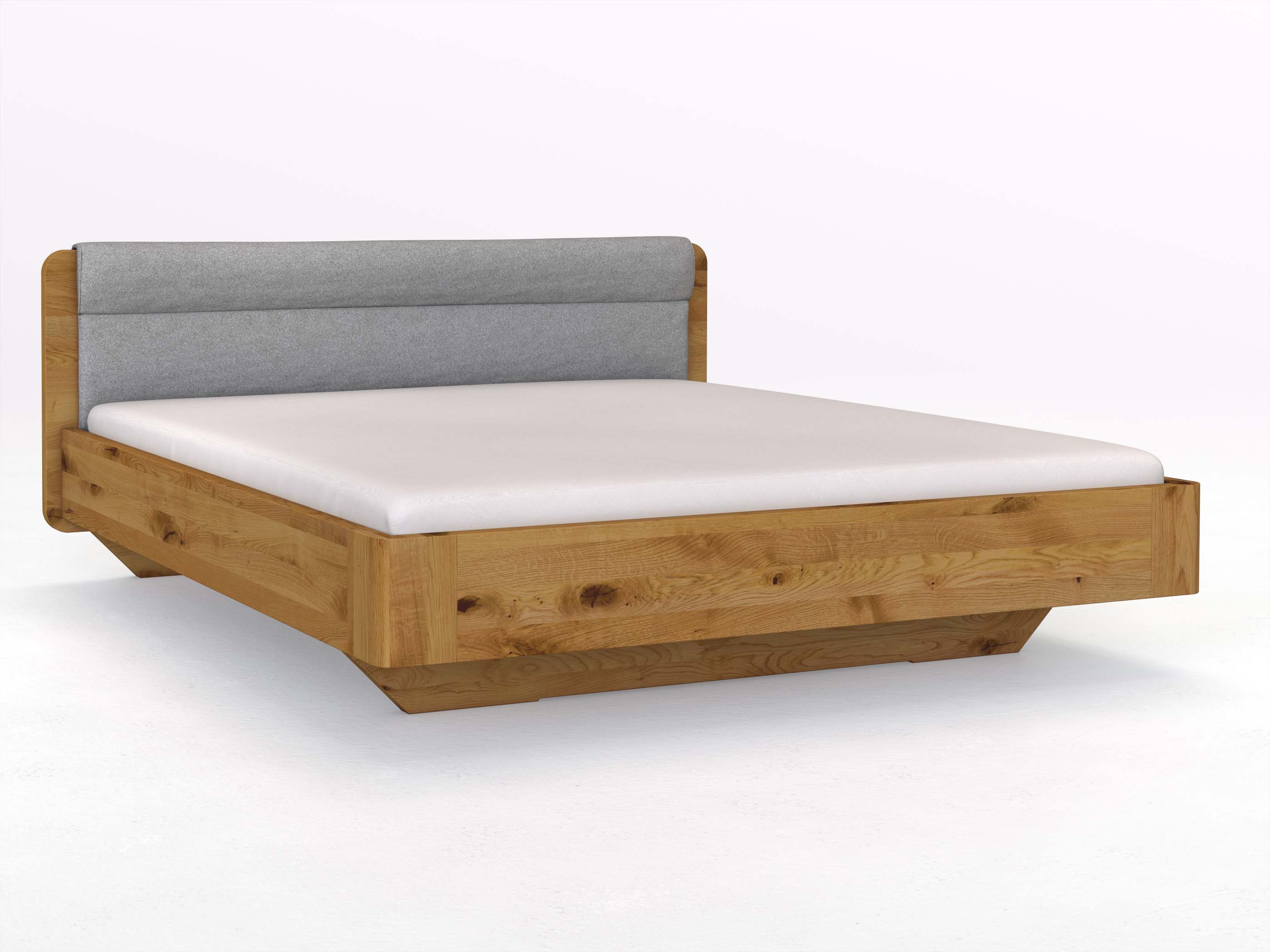 Wildeichenbett „Clara“ in 180 x 200 cm mit Stoffkopfteil - Stoff: Schafschurwolle „Loden“ in der Farbe Nebelgrau