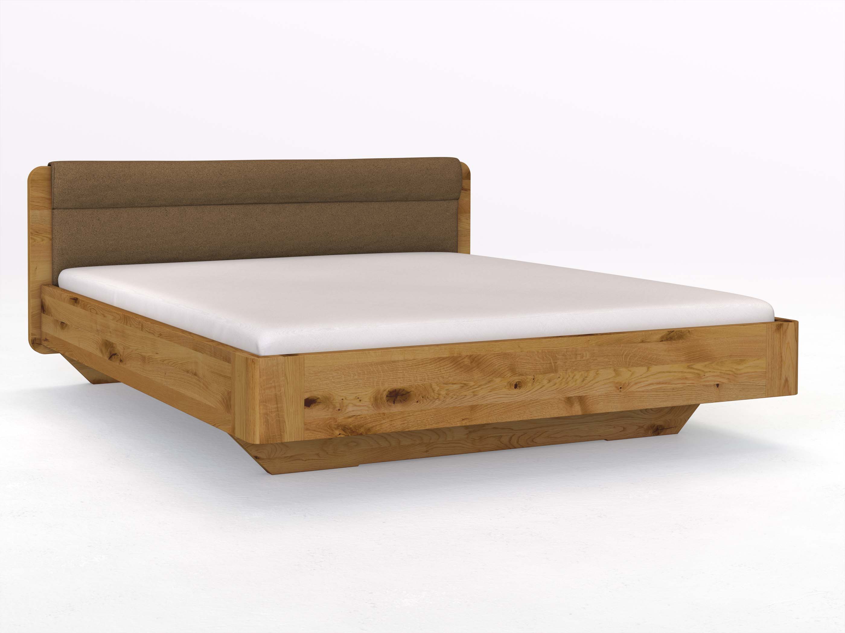 Wildeichenbett „Clara“ in 180 x 200 cm mit Stoffkopfteil - Stoff: Schafschurwolle „Loden“ in der Farbe Zimtrinde