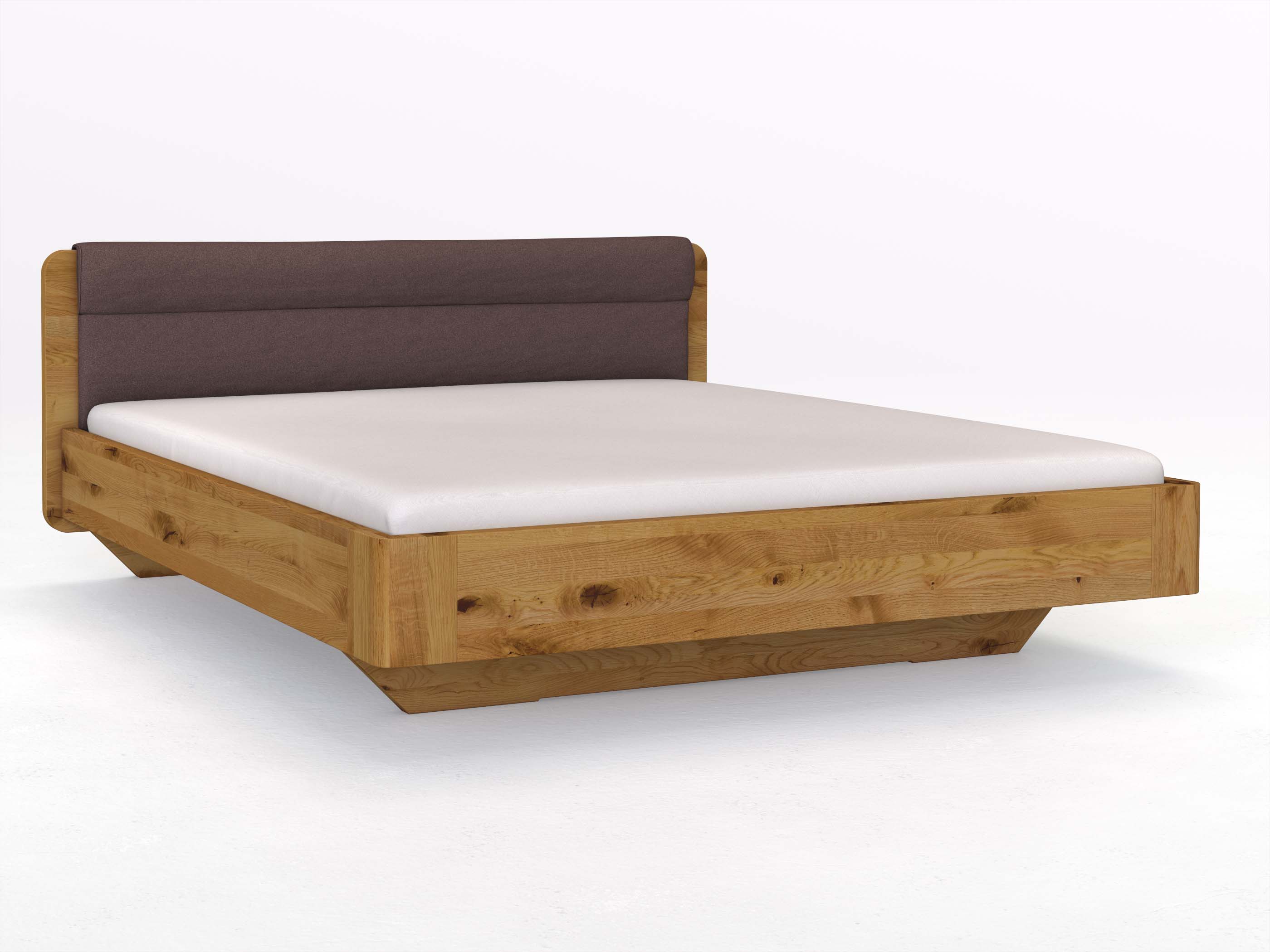 Wildeichenbett „Clara“ in 180 x 200 cm mit Stoffkopfteil - Stoff: Schafschurwolle „Loden“ in der Farbe Abenddämmerung