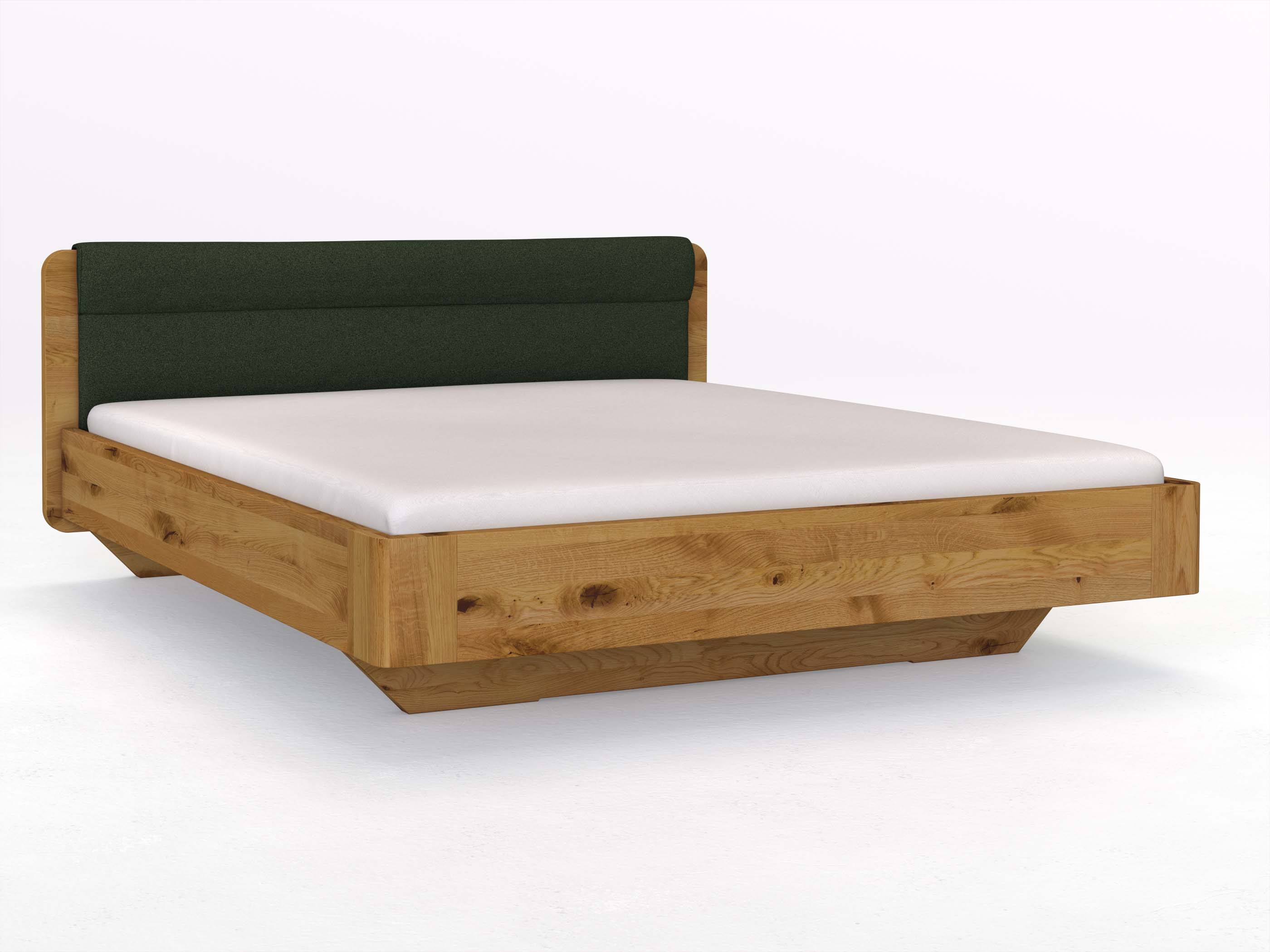 Wildeichenbett „Clara“ in 180 x 200 cm mit Stoffkopfteil - Stoff: Schafschurwolle „Loden“ in der Farbe Tannenwald