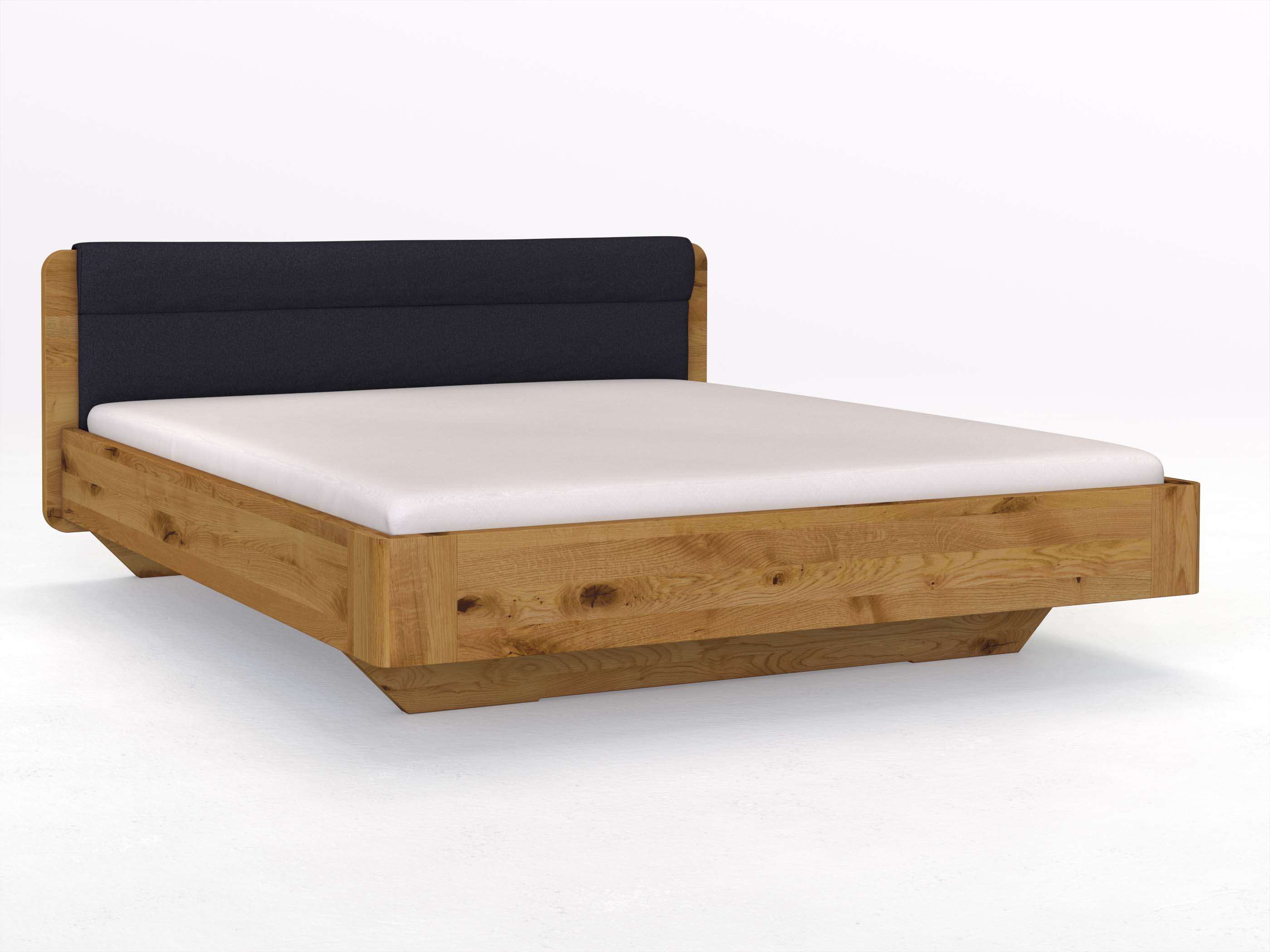 Wildeichenbett „Clara“ in 180 x 200 cm mit Stoffkopfteil - Stoff: Schafschurwolle „Loden“ in der Farbe Nachtblau