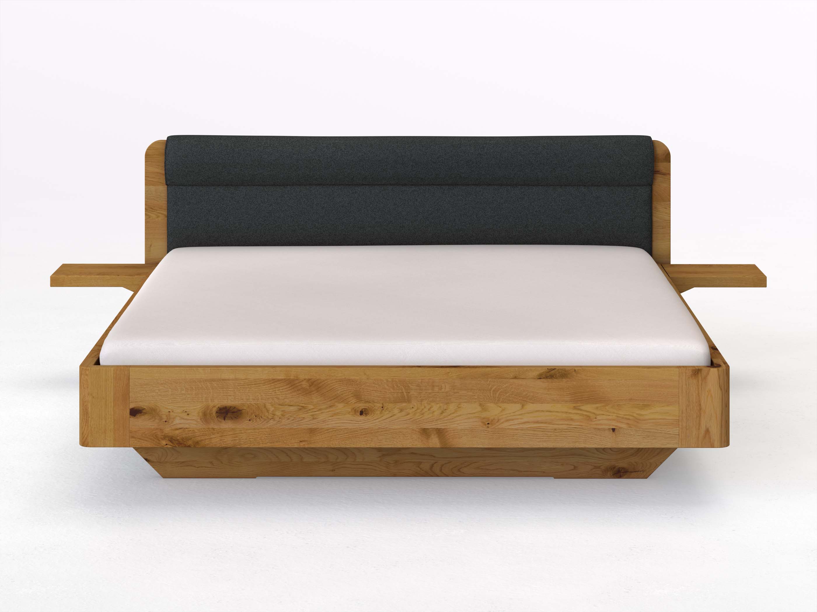 Wildeichenbett „Clara“ in 180 x 200 cm mit 2 Ablagen und Stoffkopfteil - Stoff: Schafschurwolle „Fischgrät“ in der Farbe Wacholderbeere