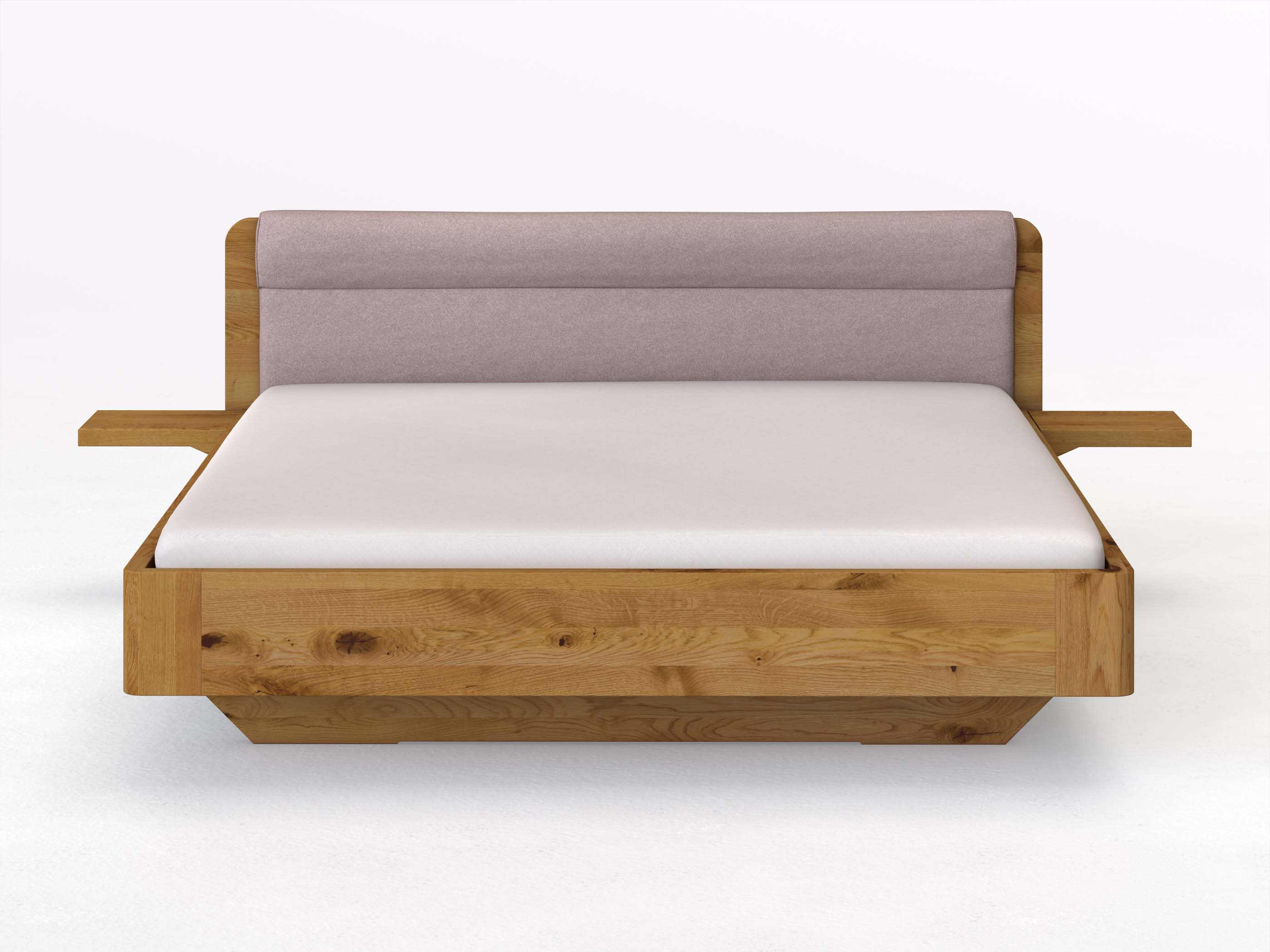 Wildeichenbett „Clara“ in 180 x 200 cm mit 2 Ablagen und Stoffkopfteil - Stoff: Schafschurwolle „Fischgrät“ in der Farbe Zartflieder