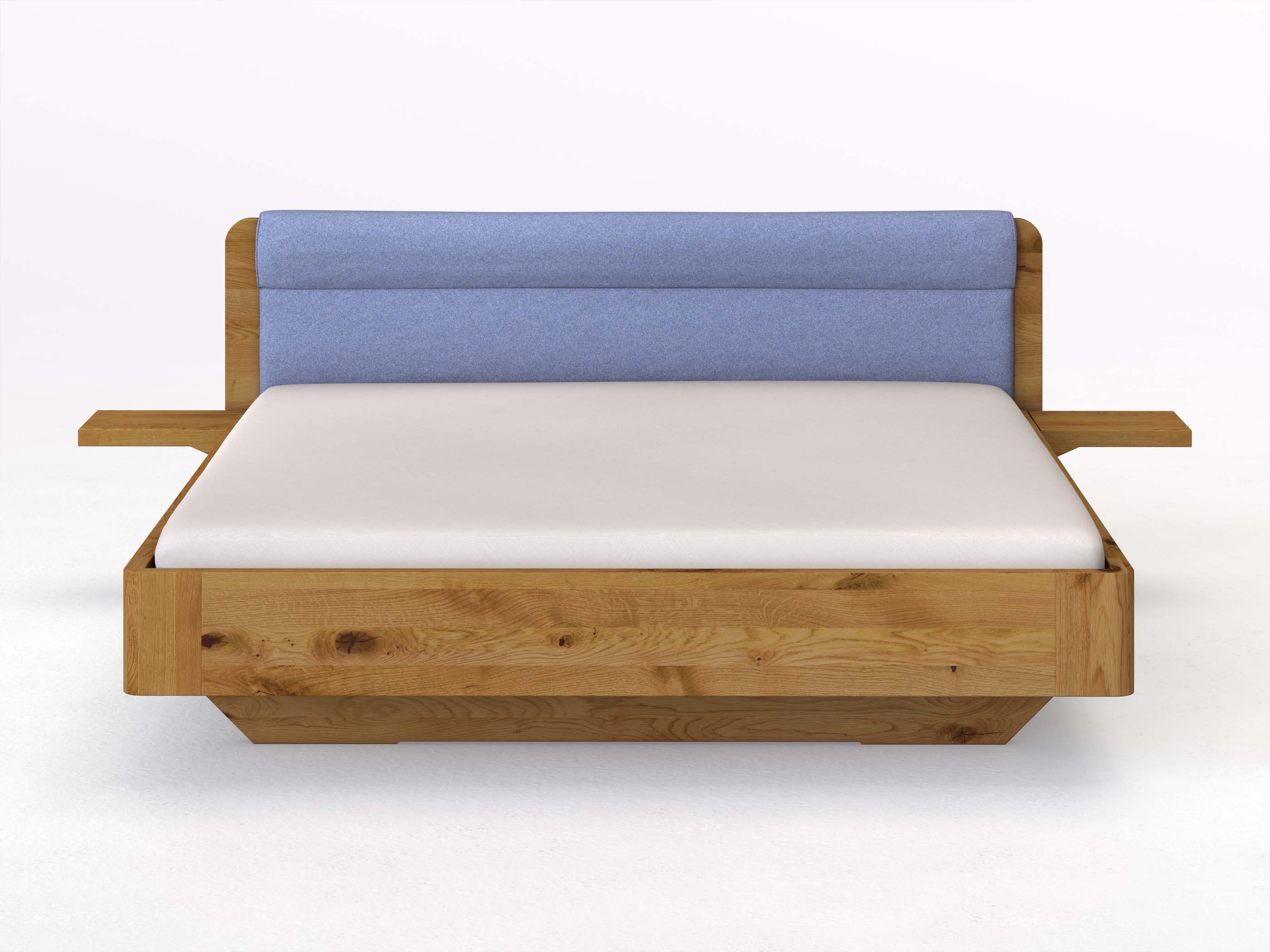 Wildeichenbett „Clara“ in 180 x 200 cm mit 2 Ablagen und Stoffkopfteil - Stoff: Schafschurwolle „Fischgrät“ in der Farbe Kornblume