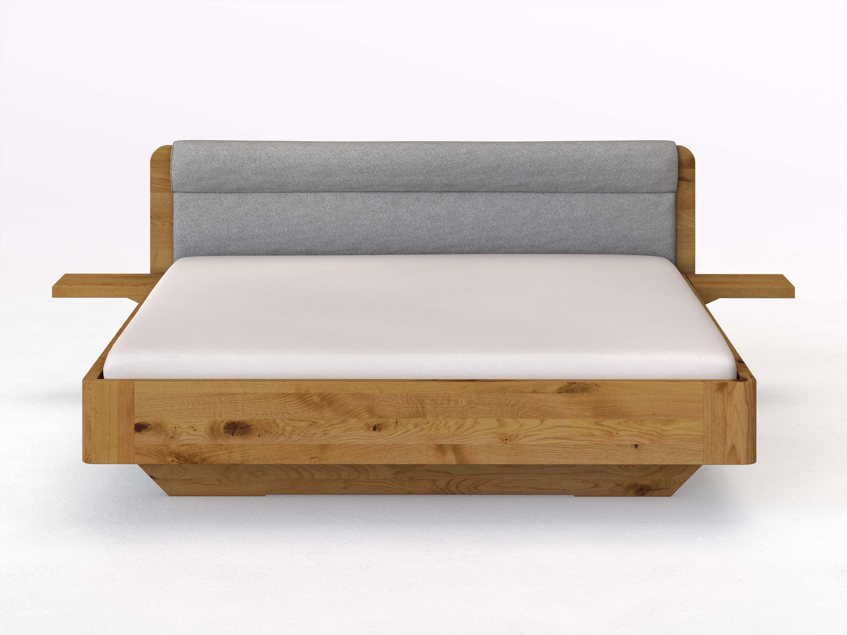 Wildeichenbett „Clara“ in 180 x 200 cm mit 2 Ablagen und Stoffkopfteil - Stoff: Schafschurwolle „Loden“ in der Farbe Nebelgrau