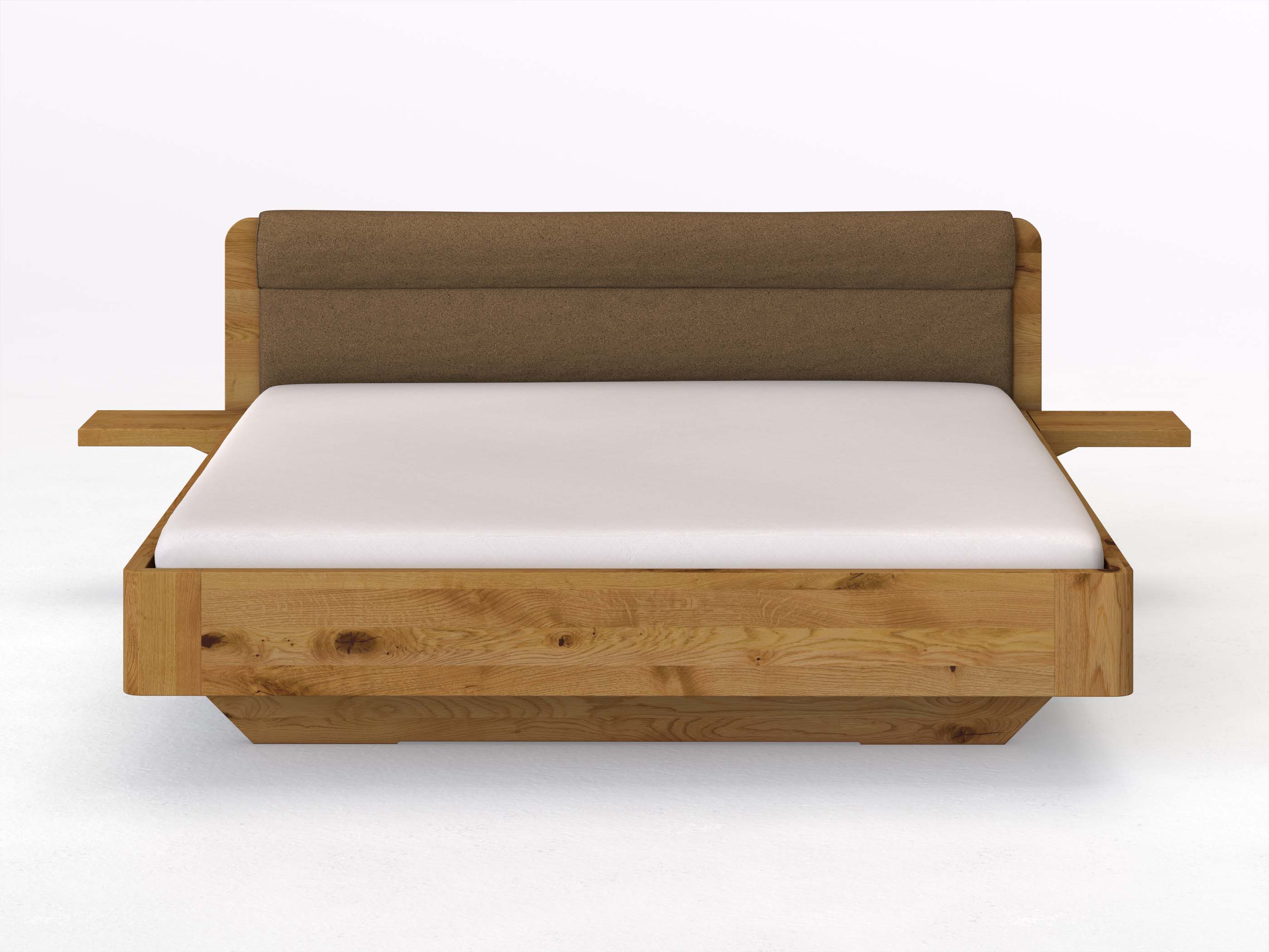 Wildeichenbett „Clara“ in 180 x 200 cm mit 2 Ablagen und Stoffkopfteil - Stoff: Schafschurwolle „Loden“ in der Farbe Zimtrinde