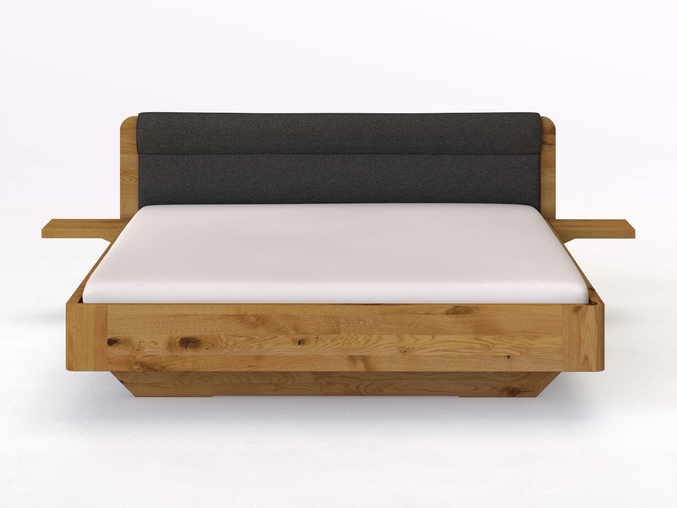 Wildeichenbett „Clara“ in 180 x 200 cm mit 2 Ablagen und Stoffkopfteil - Stoff: Schafschurwolle „Loden“ in der Farbe Anthrazit