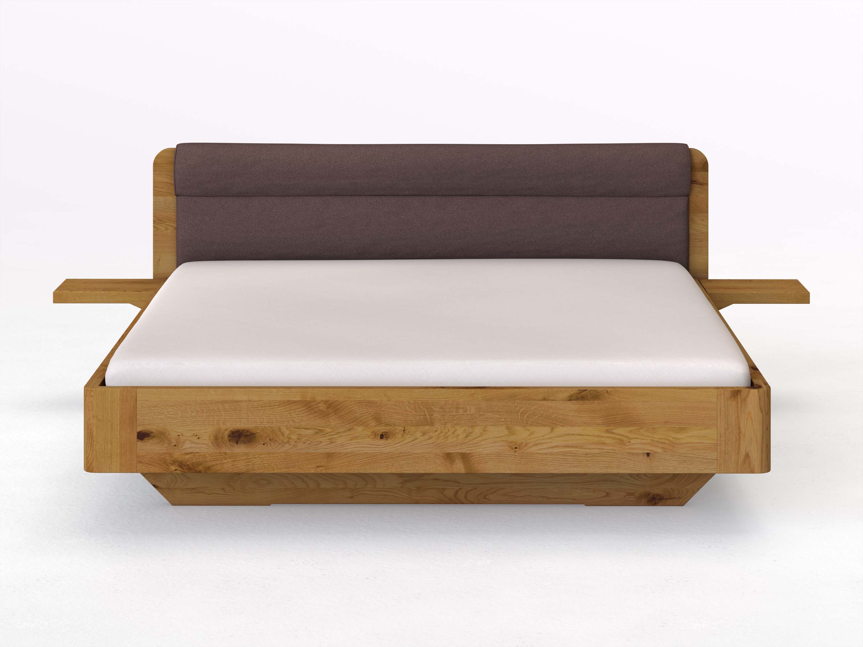 Wildeichenbett „Clara“ in 180 x 200 cm mit 2 Ablagen und Stoffkopfteil - Stoff: Schafschurwolle „Loden“ in der Farbe Abenddämmerung