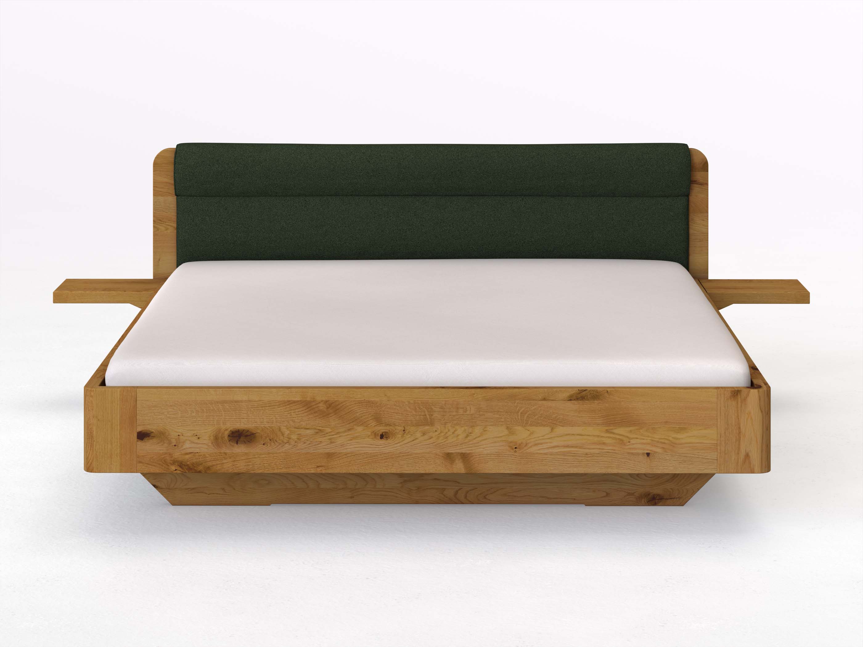 Wildeichenbett „Clara“ in 180 x 200 cm mit 2 Ablagen und Stoffkopfteil - Stoff: Schafschurwolle „Loden“ in der Farbe Tannenwald