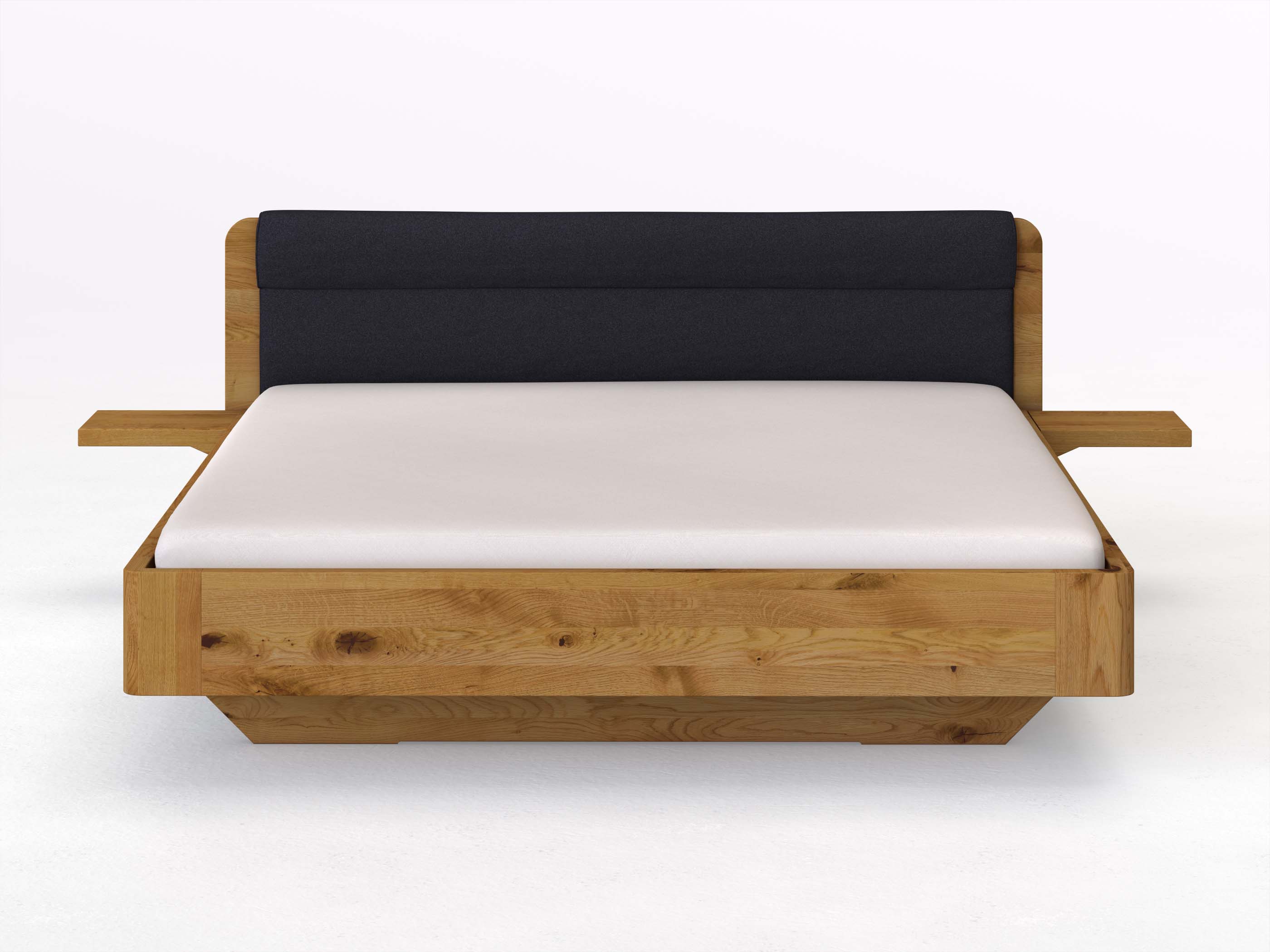 Wildeichenbett „Clara“ in 180 x 200 cm mit 2 Ablagen und Stoffkopfteil - Stoff: Schafschurwolle „Loden“ in der Farbe Nachtblau