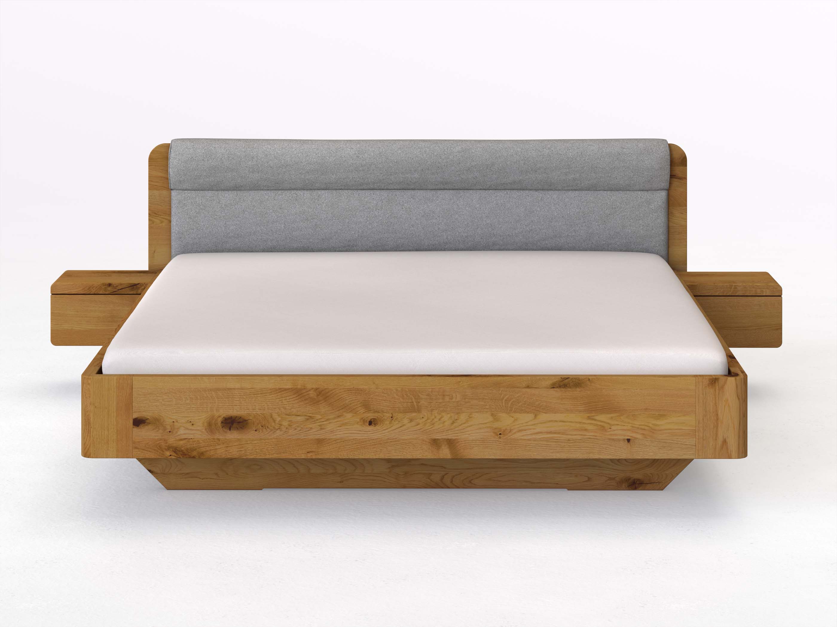 Wildeichenbett „Clara“ in 180 x 200 cm mit 2 Nachttischen - Griff: Grifflos und Stoffkopfteil - Stoff: Schafschurwolle „Loden“ in der Farbe Nebelgrau