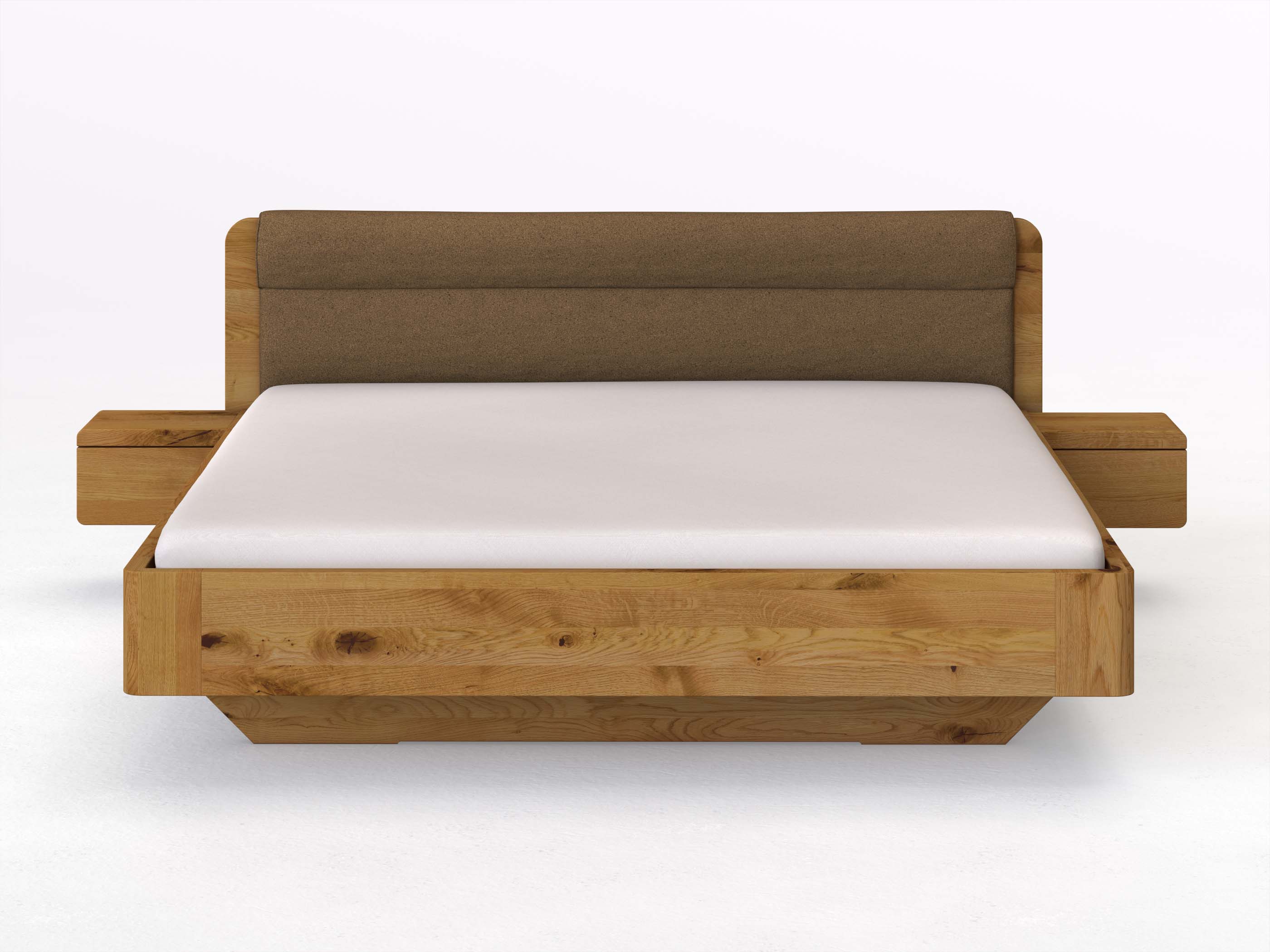 Wildeichenbett „Clara“ in 180 x 200 cm mit 2 Nachttischen - Griff: Grifflos und Stoffkopfteil - Stoff: Schafschurwolle „Loden“ in der Farbe Zimtrinde