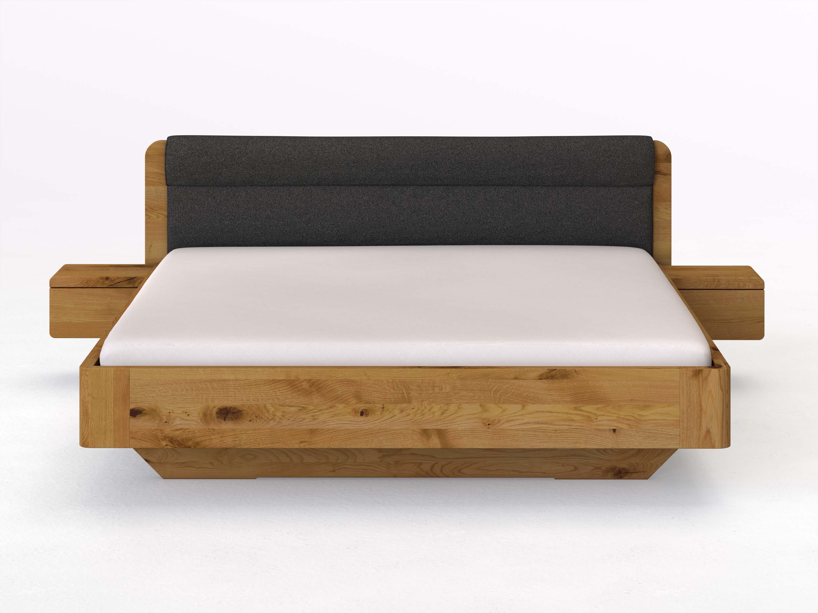 Wildeichenbett „Clara“ in 180 x 200 cm mit 2 Nachttischen - Griff: Grifflos und Stoffkopfteil - Stoff: Schafschurwolle „Loden“ in der Farbe Anthrazit