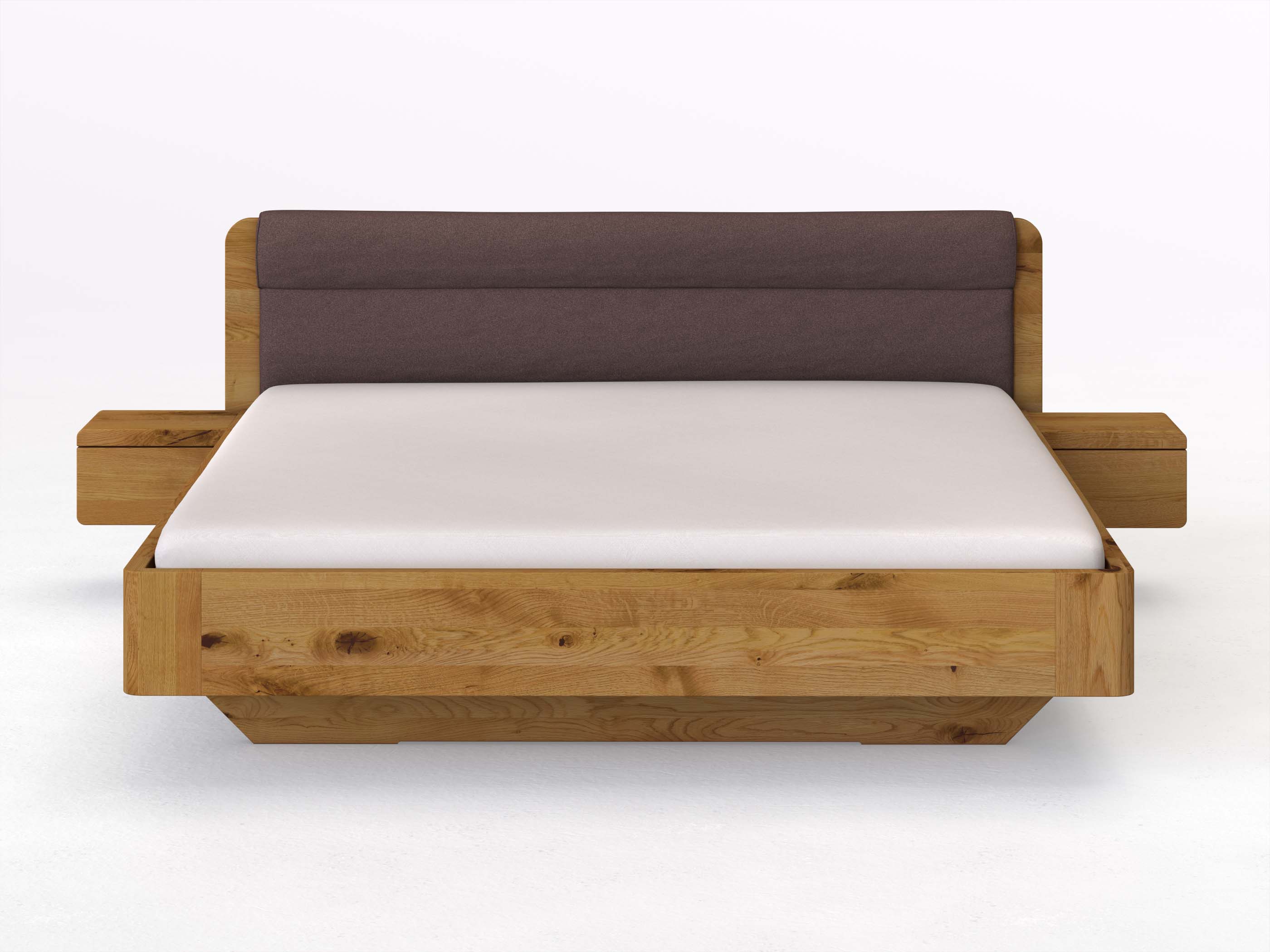 Wildeichenbett „Clara“ in 180 x 200 cm mit 2 Nachttischen - Griff: Grifflos und Stoffkopfteil - Stoff: Schafschurwolle „Loden“ in der Farbe Abenddämmerung
